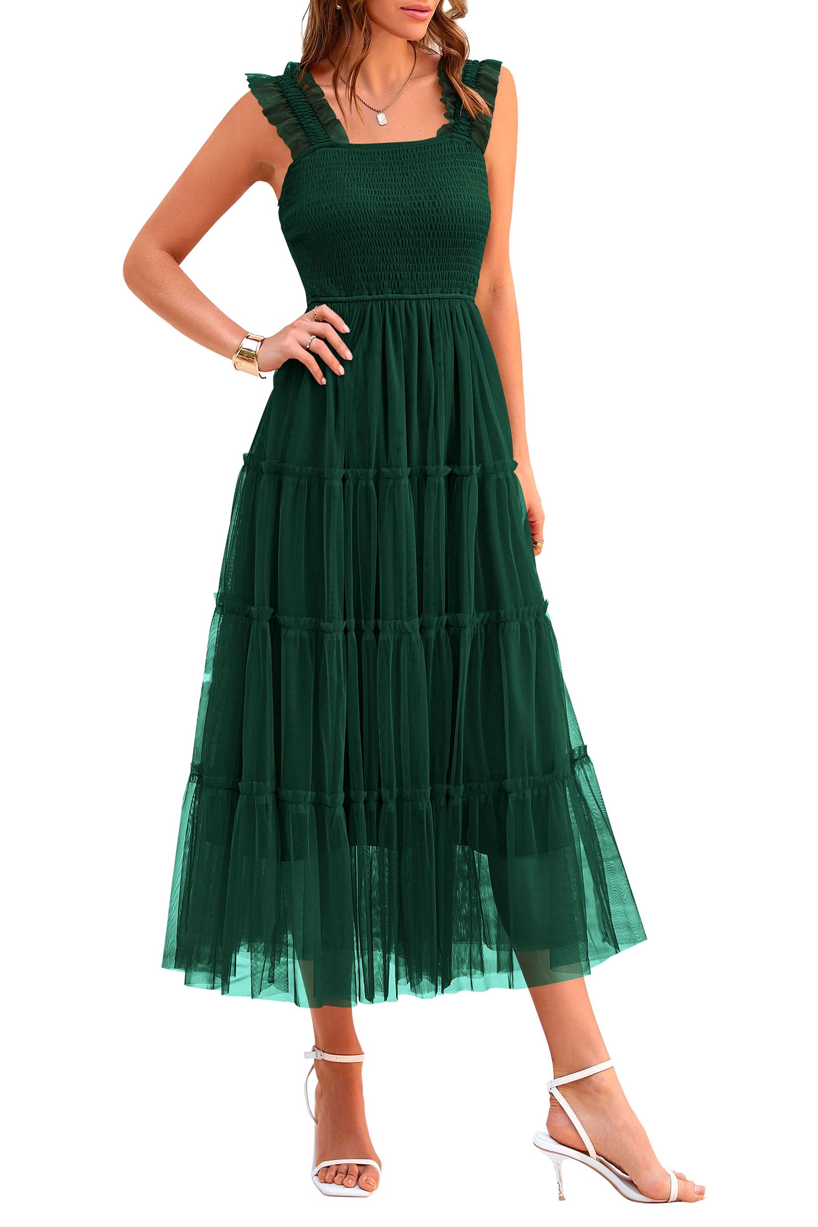 PRETTYGARDEN Women's Summer Tulle Midi Dress Sleeveless Smocked Ruffle Flowy Mesh Dresses Party Wedding Guest Sundress