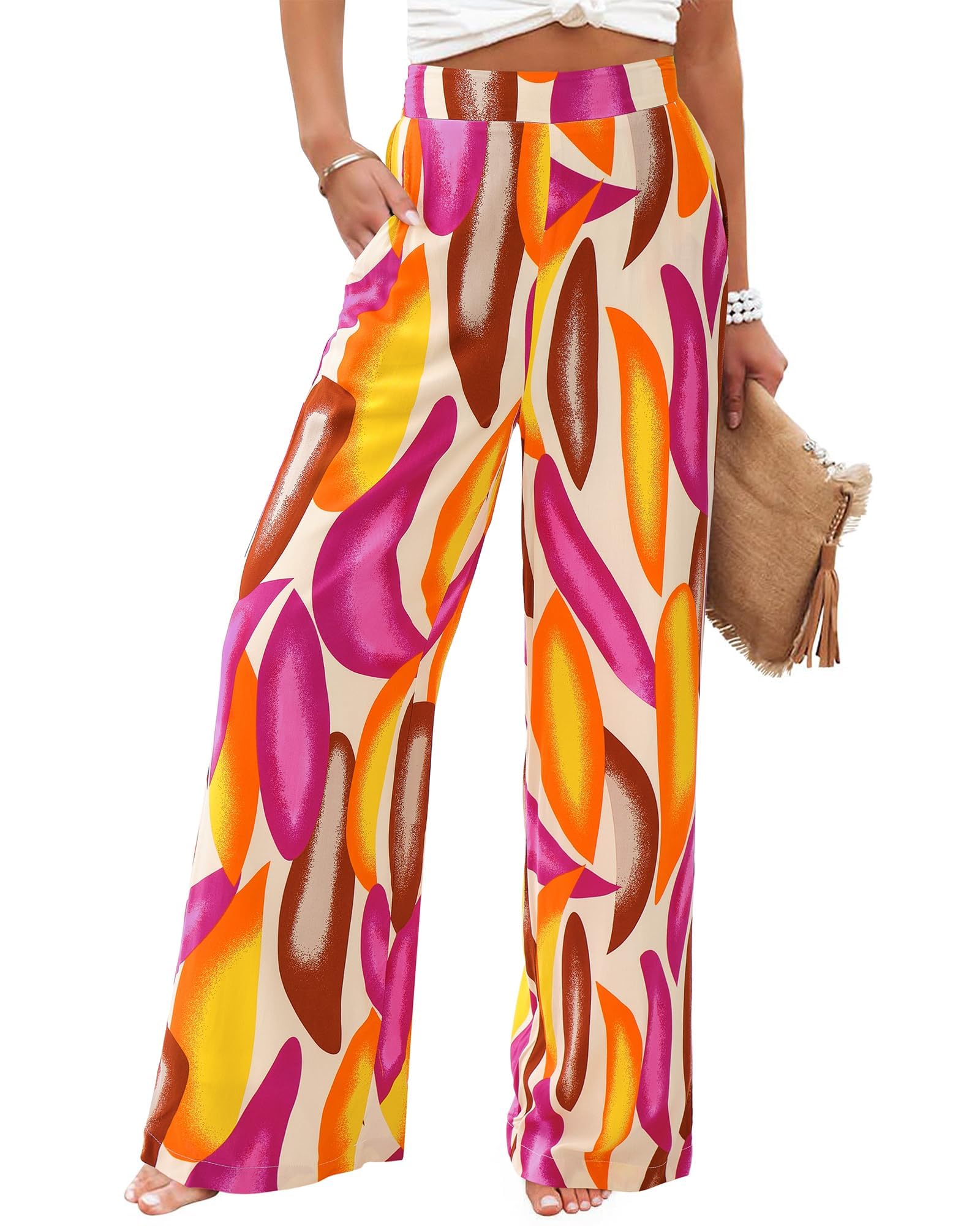 BTFBM Womens Pants Pockets Boho Printed Elastic Waist Wide Leg Palazzo Pants for Women Work Beach Vacation Clothes