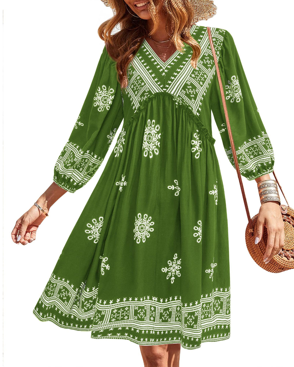 BTFBM Women Casual Spring Summer Dresses V Neck 3/4 Long Sleeve Ruffle Floral Flowy Boho Babydoll Mini Short Beach Dress