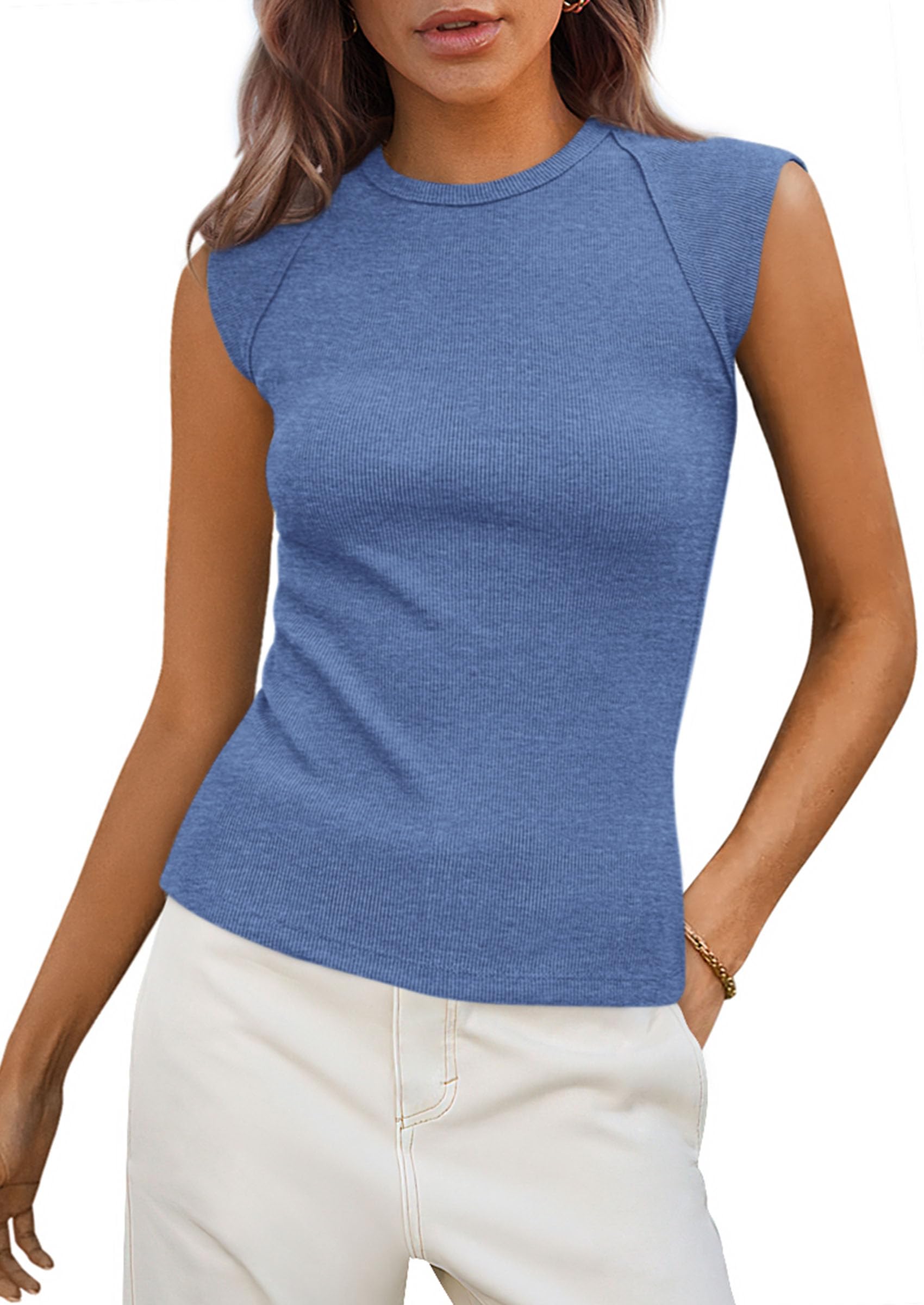 PRETTYGARDEN Women's Ribbed Tank Tops Summer Cap Sleeve Slim Fitted Knit Basic Casual Tee Shirts Trendy Fashion Clothes