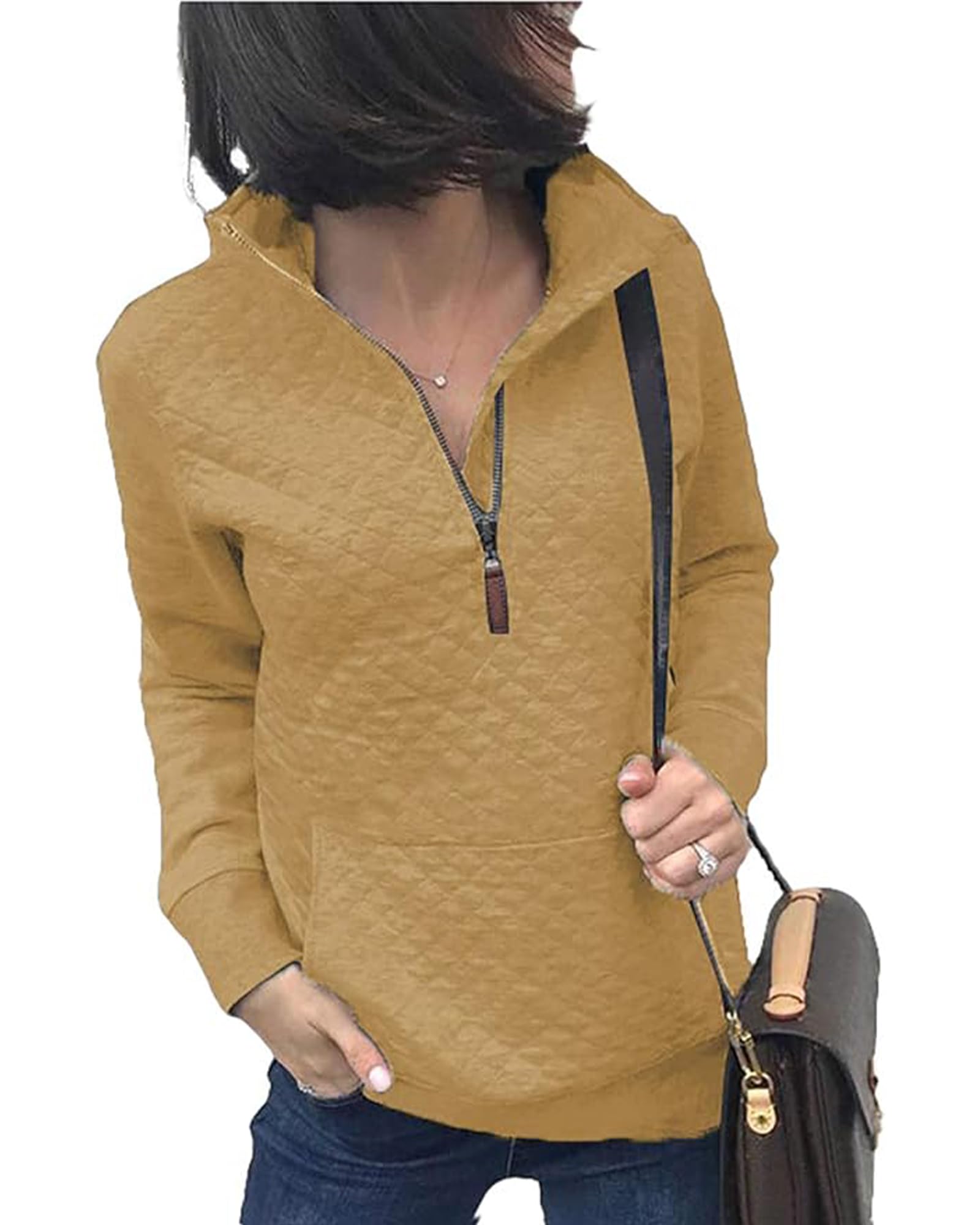BTFBM Women Fashion Quilted Pattern Lightweight Zipper Long Sleeve Plain Casual Ladies Sweatshirts Pullovers Shirts Tops