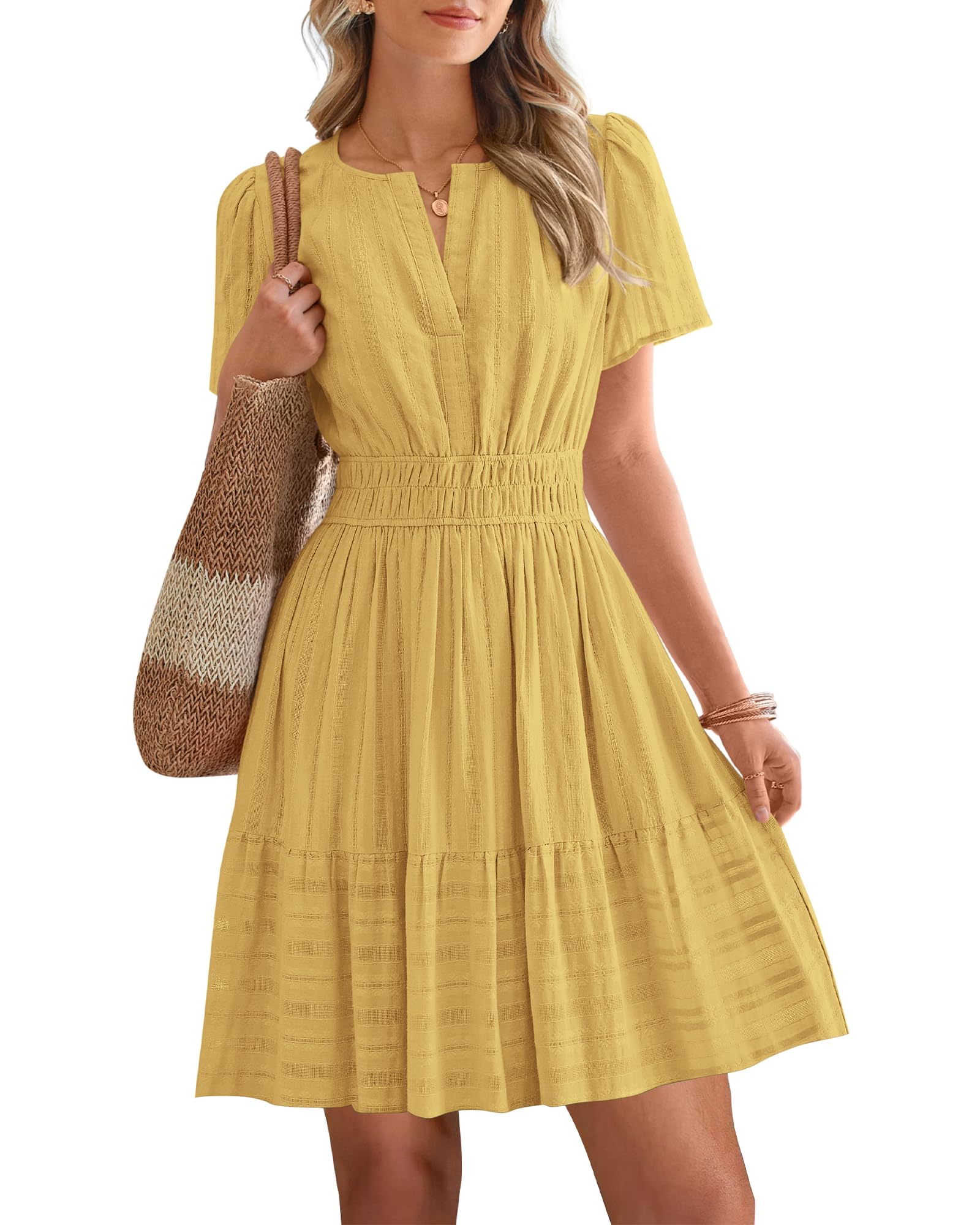 BTFBM Womens Spring  Casual Mini Dresses Lightweight Short Sleeve V Neck Elastic Waist Cute Boho Beach Dress Pockets