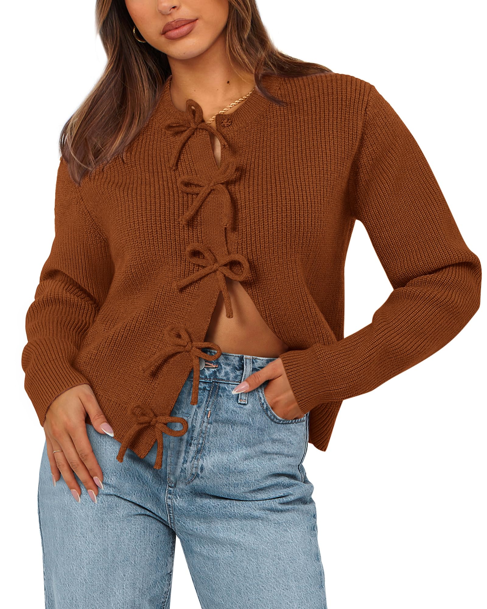 BTFBM Bow Cropped Cardigan Sweaters for Women Fall Winter Open Front Sweater Long Sleeve Button Fashion Spring Clothes