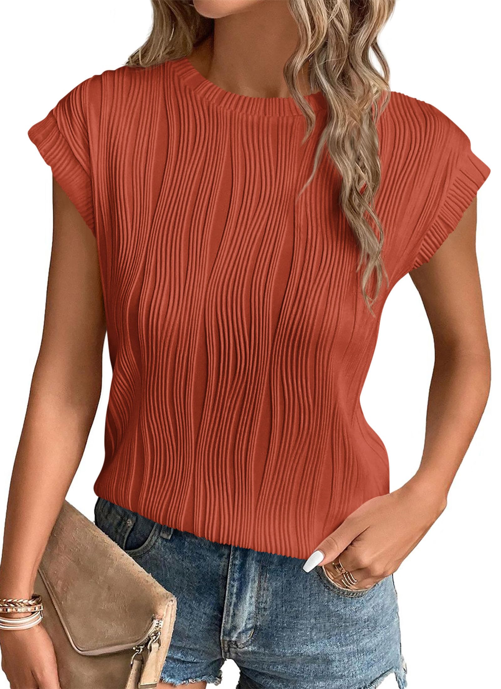 PRETTYGARDEN Blouses for Women Dressy Casual Spring Summer Business Office Tops Cap Sleeve Textured Cute Work Shirt