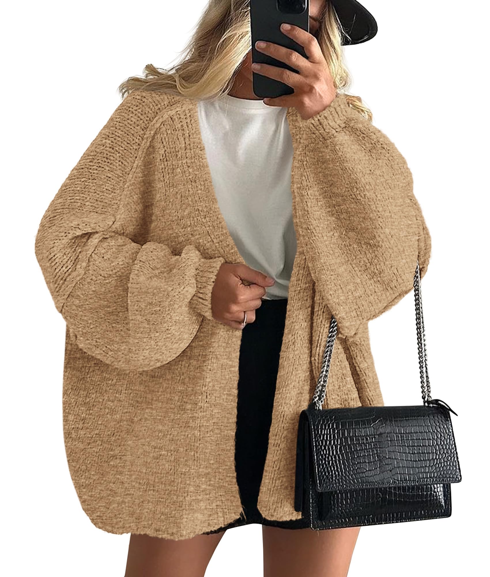 PRETTYGARDEN Womens Oversized Cardigan Sweaters Fall Long Lantern Sleeve Knit Open Front Lightweight Sweater