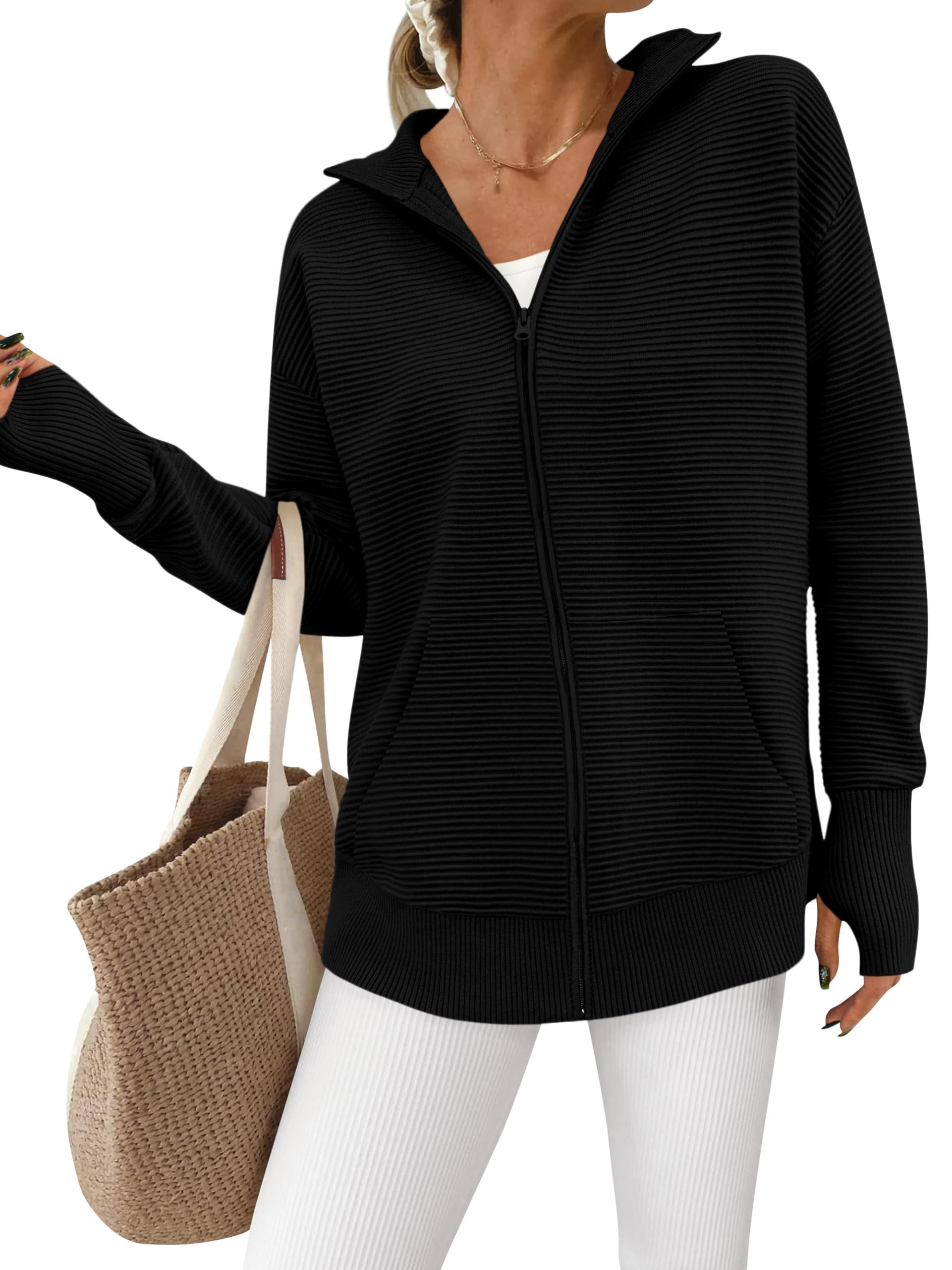 PRETTYGARDEN Womens Fall Long Sleeve Zip Up Cardigan Sweaters Casual Loose Collared Ribbed Knit Tops Jackets Thumb Hole