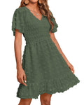FreshPretty Womens Beach Vacation Dress Summer V Neck Short Sleeve Smocked Swiss Dot Cute Ruffle Casual Fall Mini Dresses