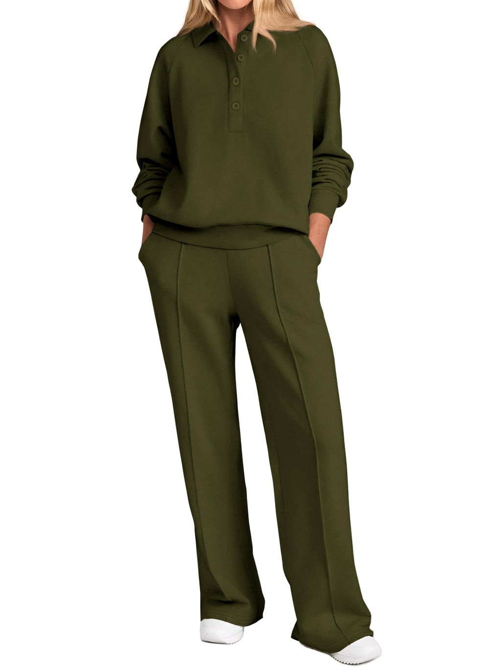 PRETTYGARDEN Women Fall 2 Piece Outfits Sweatsuits Lounge Sets Quarter Button Long Sleeve Sweatshirt, Wide Leg Sweat Pants, Casual 2 Piece Sets Tracksuit, Airport Travel Outfits for Women