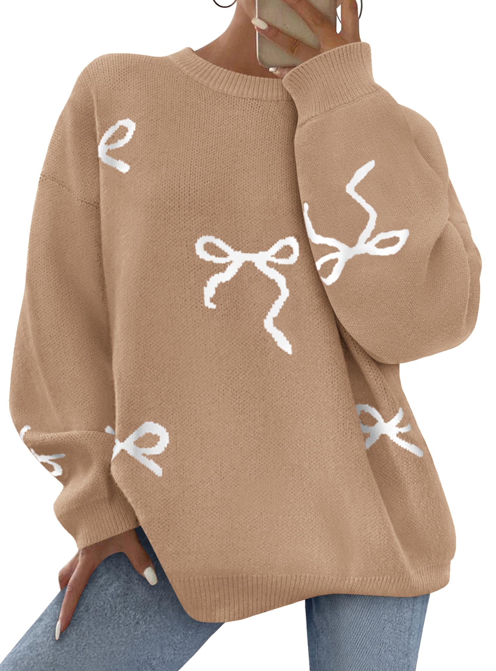 PRETTYGARDEN Fall Long Sleeve Pullover Sweaters for Women Trendy Crewneck Casual Cute Bow Chunky Knit Oversized Sweater