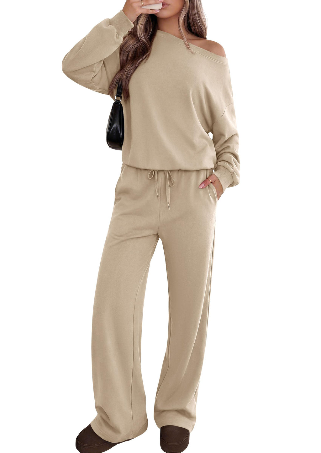 PRETTYGARDEN Womens 2 Piece Casual Matching Lounge Sets Fashion Off the Shoulder Sweatshirt, Wide Leg Pants with Pockets, Comfy Airport Travel Outfit,Trendy Fall Set