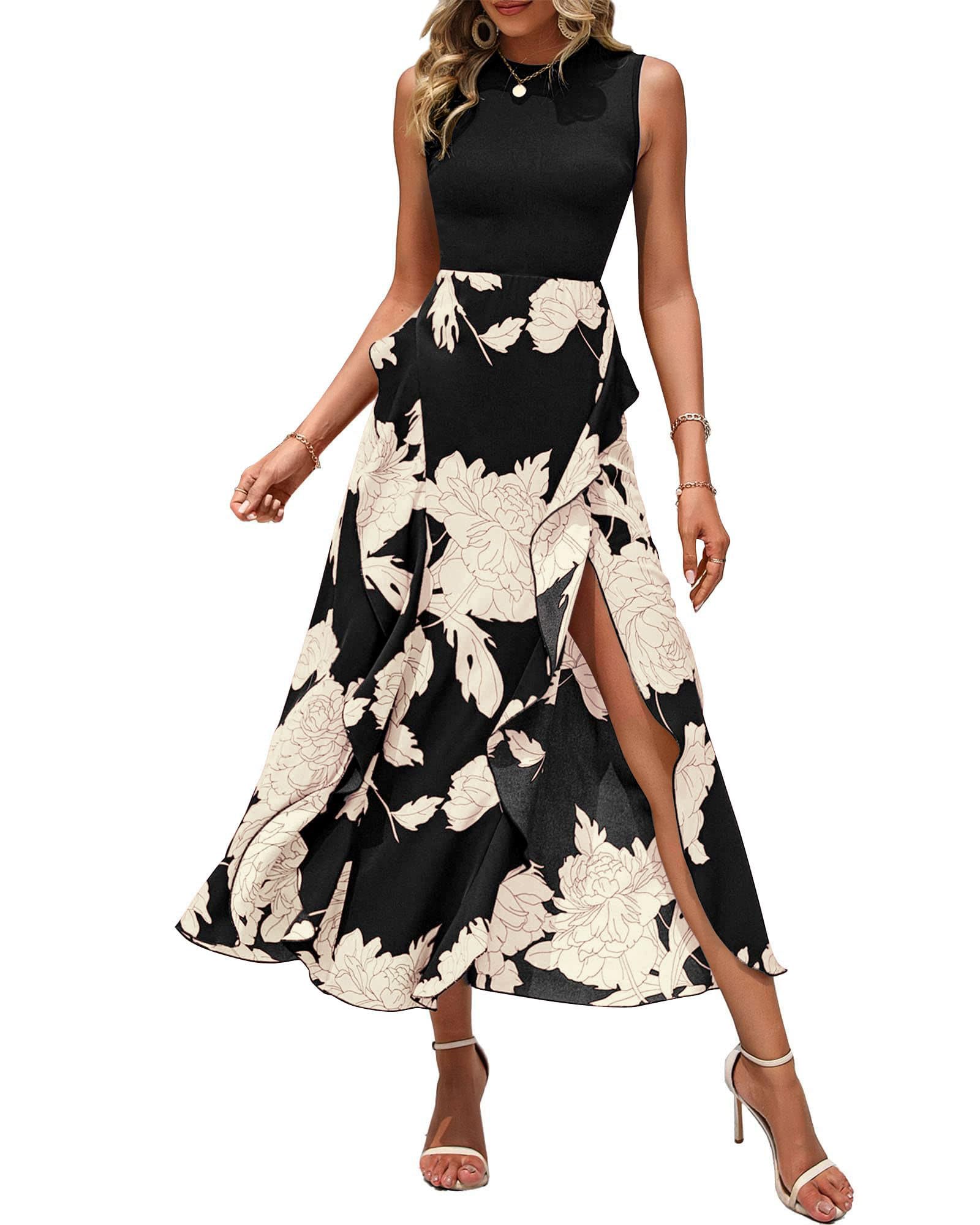 FreshPretty Women Casual Sleeveless Summer Dresses Spring Crewneck Patchwork Boho Floral Ruffle Cocktail Party Midi Dress