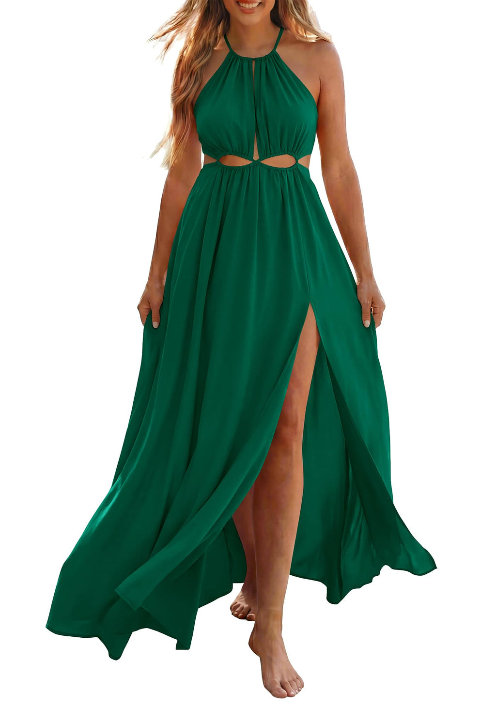 BTFBM Women Halter Summer Dresses Sleeveless Cutout Backless Sundress Slit Boho Maxi Beach Wedding Guest Dress