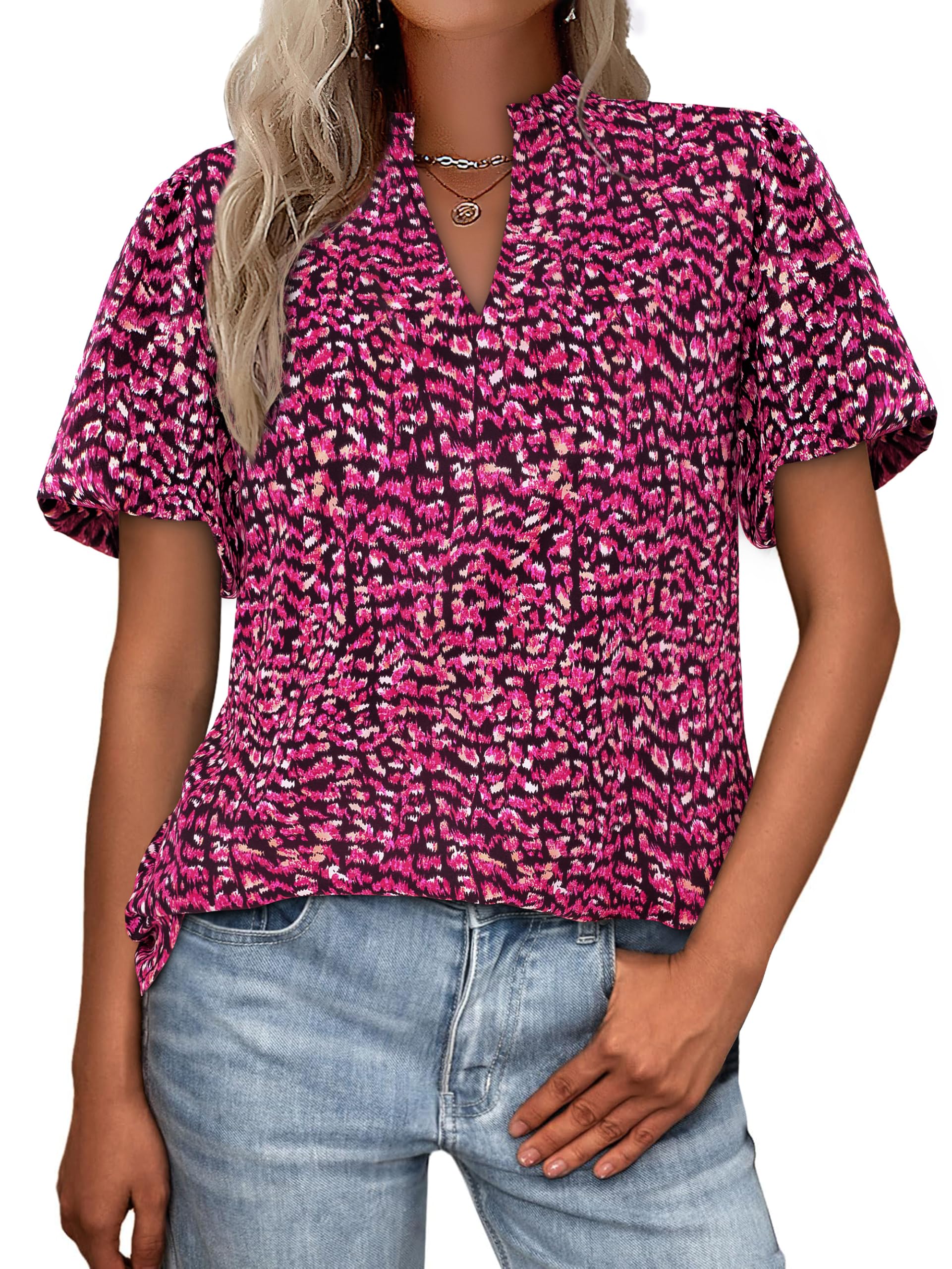 PRETTYGARDEN Boho Short Sleeve Floral Work Blouses for Women Dressy Casual V Neck Puff Sleeve Loose Chiffon Flowy Tops Shirts