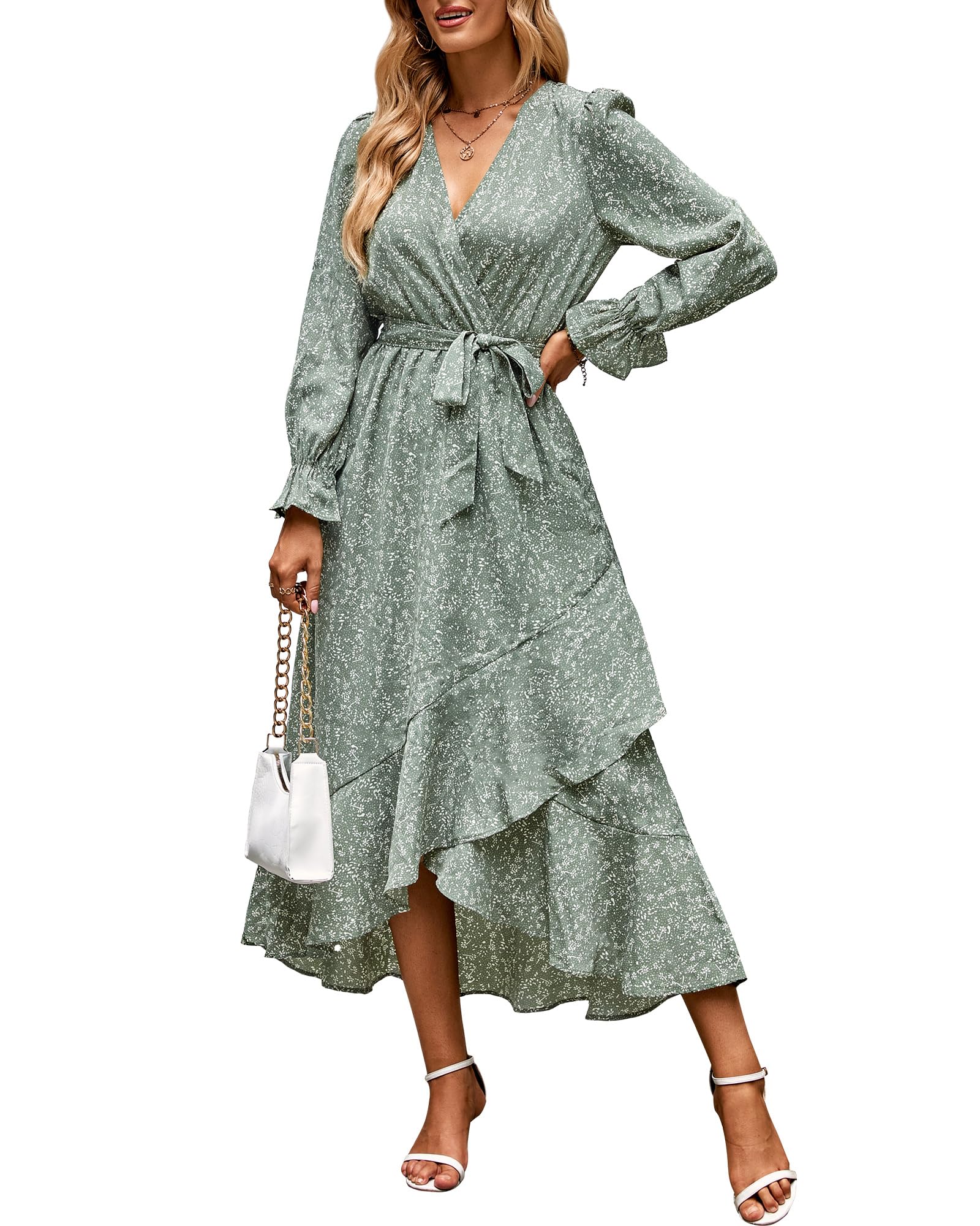BTFBM Womens Dresses Summer V Neck Floral High Waist Ruffle Wedding Guest Cocktail Boho Spring Long Sleeve Dress