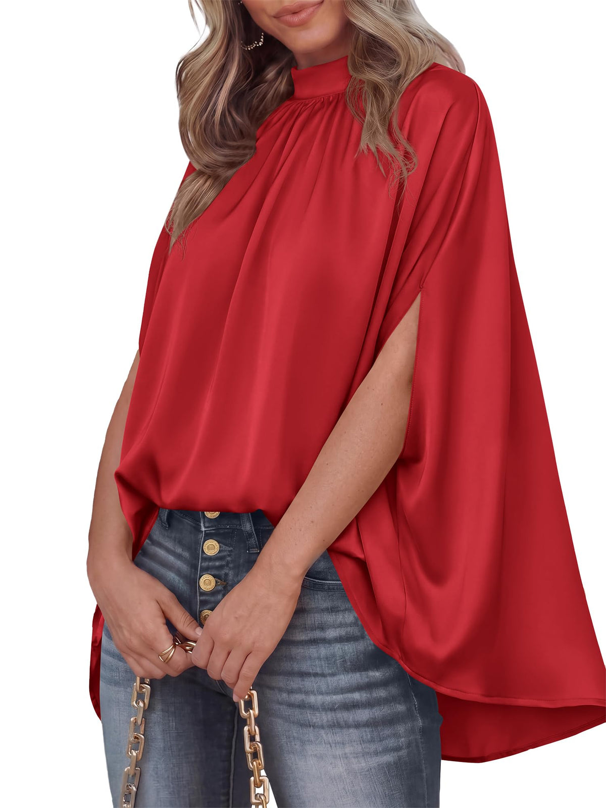 BTFBM Womens Summer Tops Mock Neck Batwing Sleeve Silk Satin Shirts Loose Oversized Dressy Casual Spring Blouses