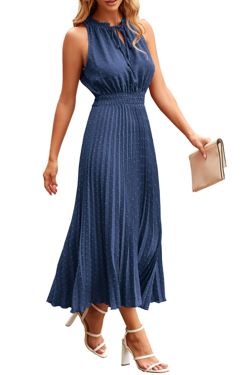 PRETTYGARDEN Women's Midi Summer Dresses Casual V Neck Swiss Dot Ruffle Sleeveless A Line Beach Sun Dress