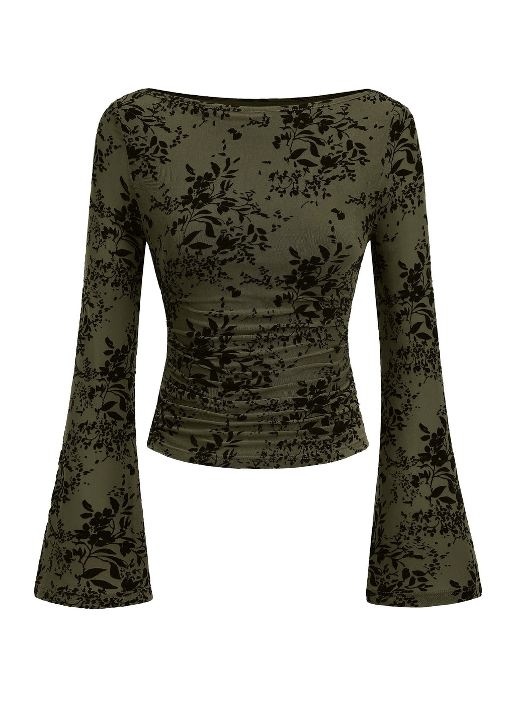PRETTYGARDEN Women's Bell Sleeve Floral Mesh Crop Tops