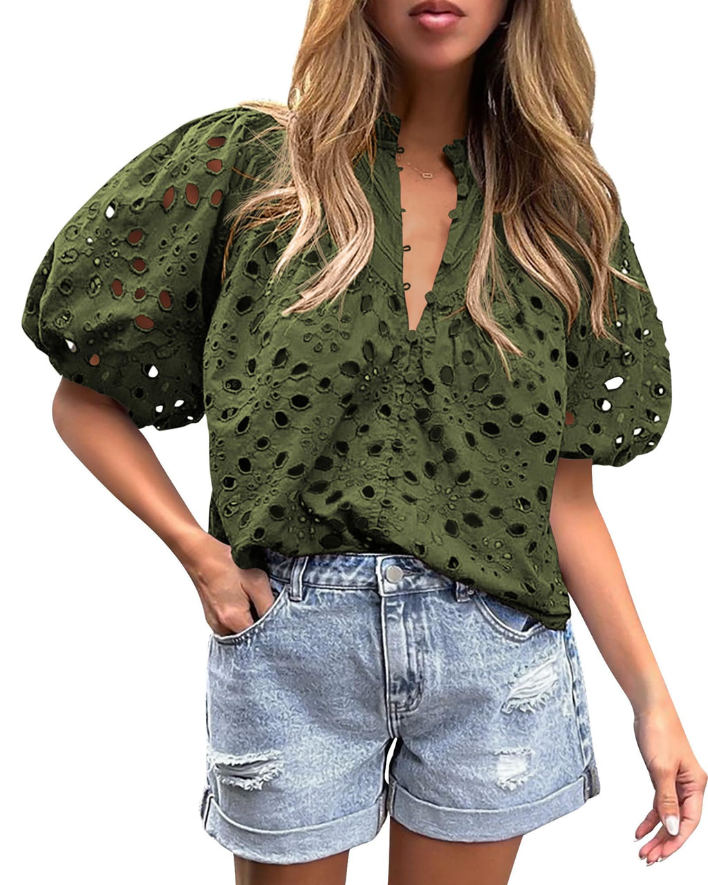 PRETTYGARDEN Women's Summer Tops Dressy Casual Short Sleeve V Neck Buttons Hollow Out Lace Embroidered Blouses Shirts