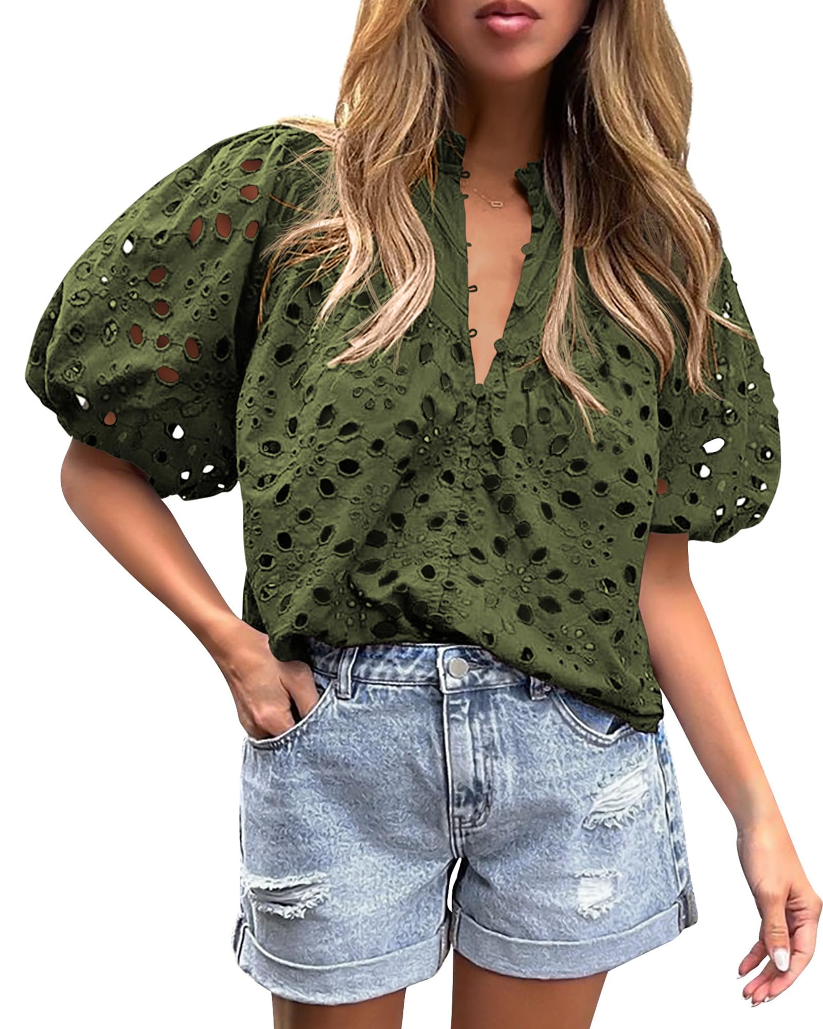PRETTYGARDEN Women's Summer Tops Dressy Casual Short Sleeve V Neck Buttons Hollow Out Lace Embroidered Blouses Shirts