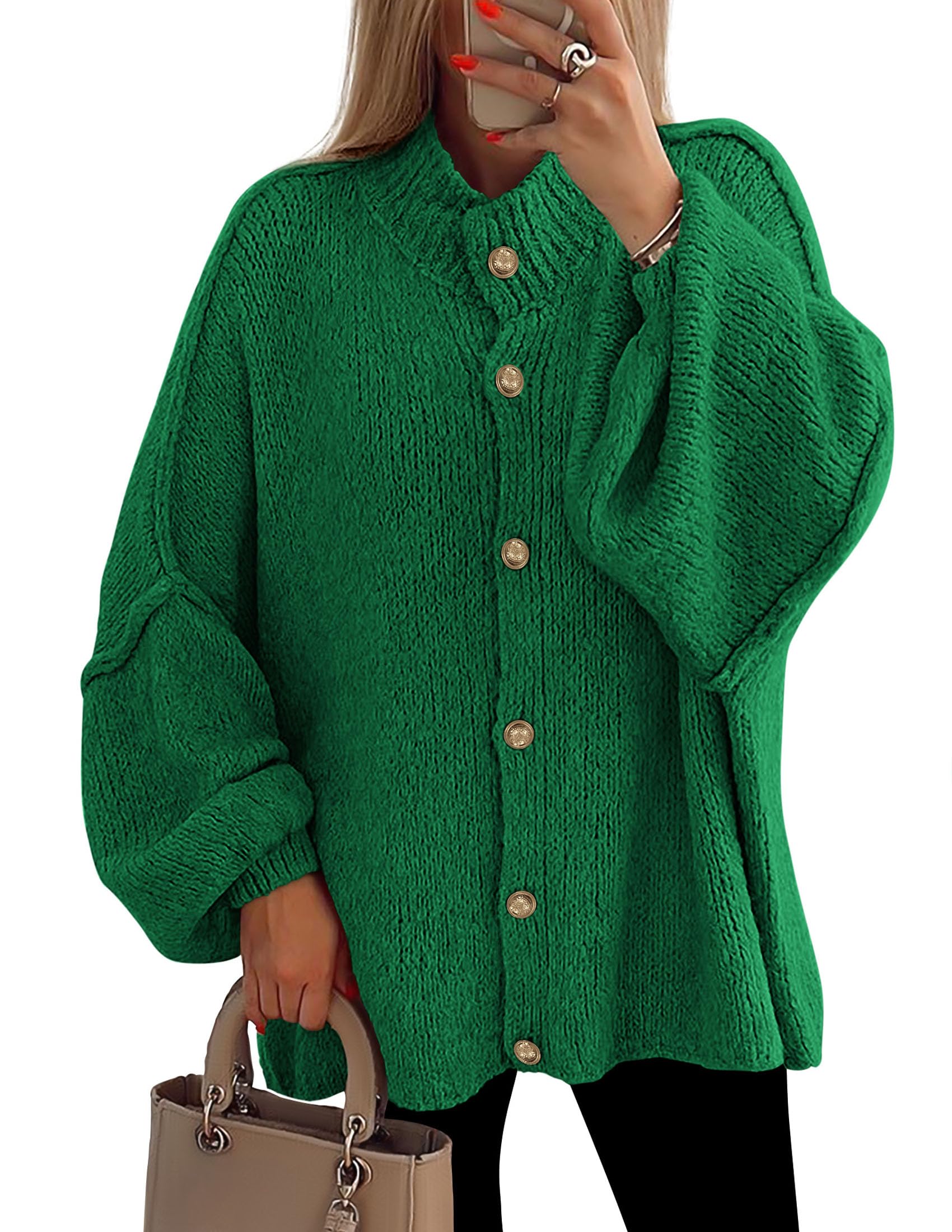 PRETTYGARDEN Women's Winter Button Down Cardigan Sweaters Mock Neck Lantern Long Sleeve Chunky Knit Jacket Trendy Outerwear