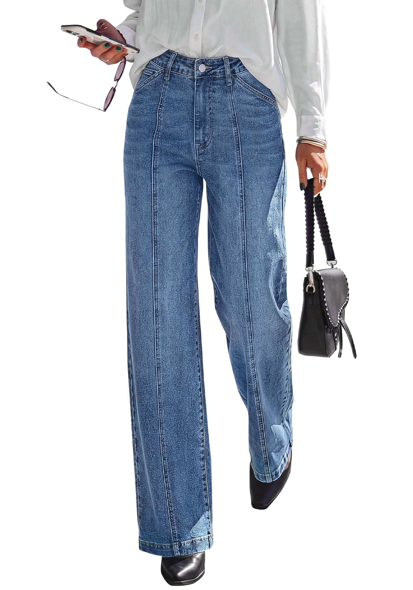BTFBM Front Seam Stretchy Wide Straight Leg Jeans for Women Trendy Boyfriend Baggy Denim Jeans, High Waisted Palazzo Pants, 5-Pocket, Relaxed Fit, Full Length, Casual Bottoms, Fall Outfits