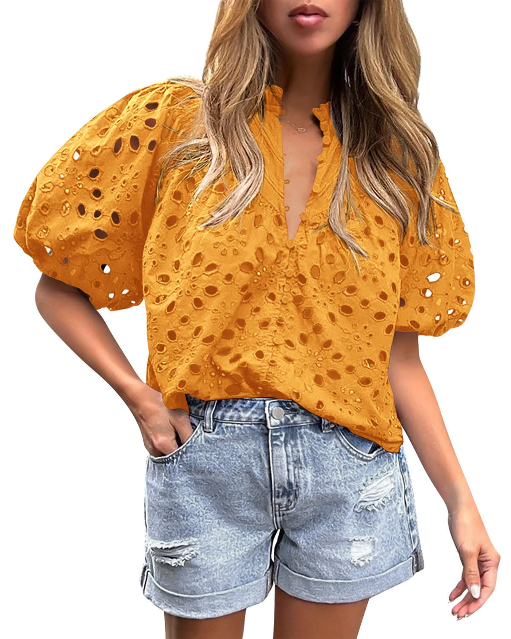 PRETTYGARDEN Women's Summer Tops Dressy Casual Short Sleeve V Neck Buttons Hollow Out Lace Embroidered Blouses Shirts