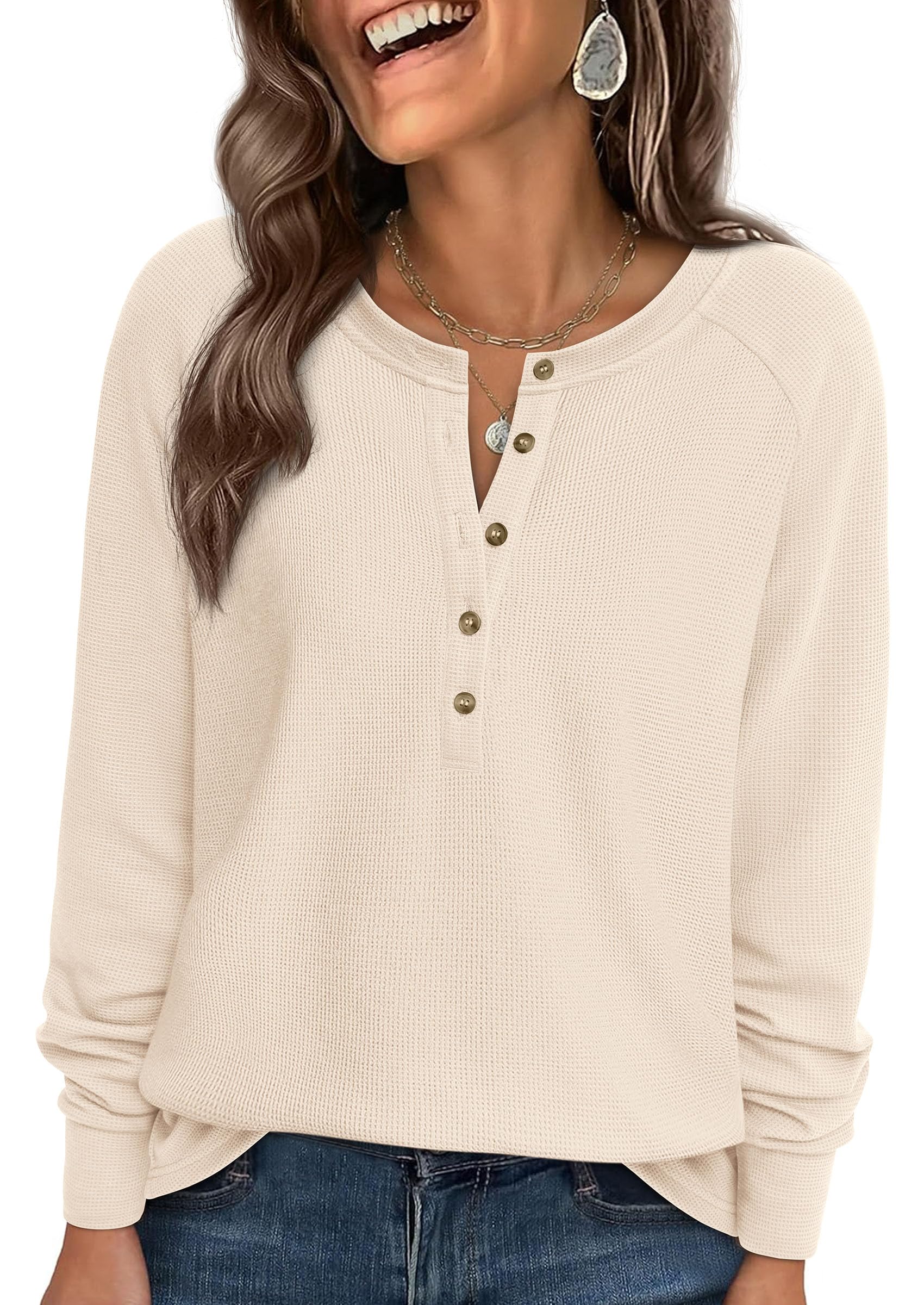 PRETTYGARDEN Women's Long Sleeve Waffle Knit Shirts Fall Casual Button Up Henley V Neck Tunic Tops Loose Fit Basic Tees