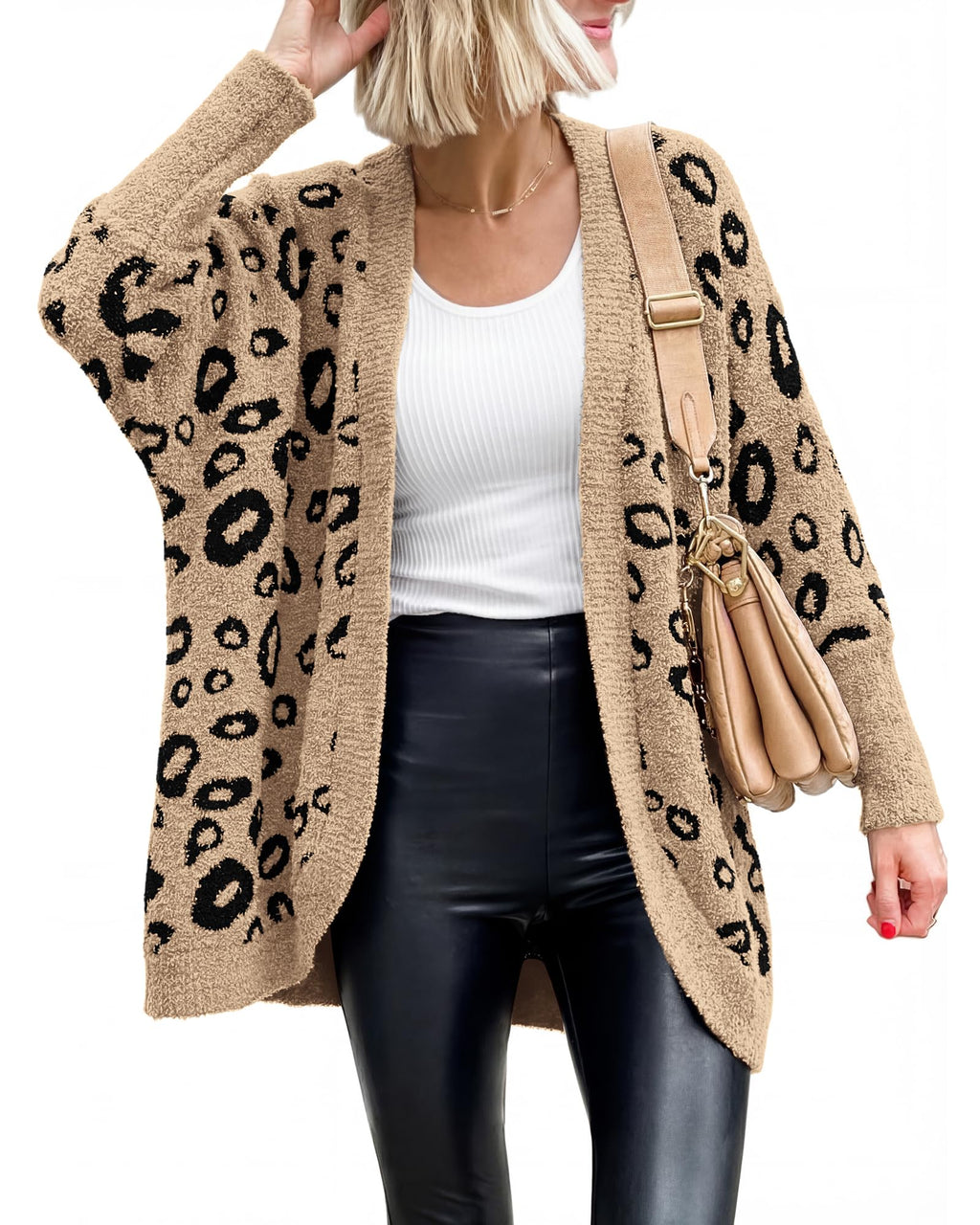 BTFBM Leopard Cardigan for Women Long Sleeve Open Front Cardigans Sweaters Pockets Loose Knit Fall Spring Outwear
