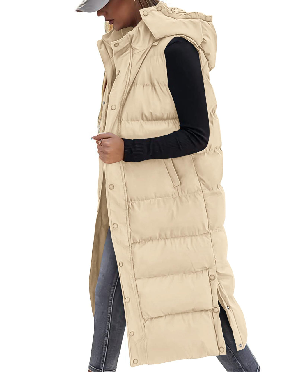 FreshPretty Long Puffer Vest Women Quilted Hooded Button Down Zip Up Sleeveless Vests Outerwear Padded Jacket Fall Winter Coat