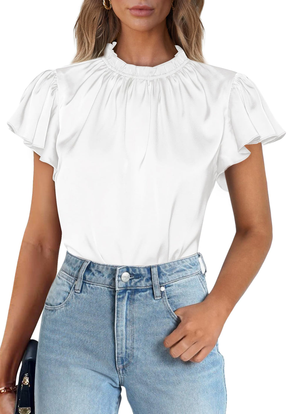 PRETTYGARDEN Business Casual Tops for Women Blouses Dressy  Summer Short Sleeve Ruffle Satin Work Office Attire