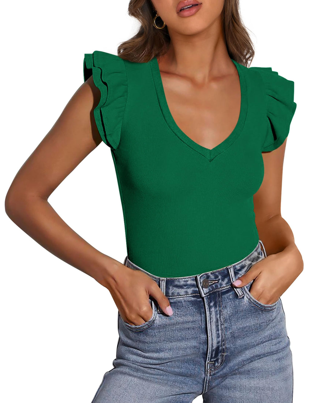 PRETTYGARDEN Womens V Neck Summer Tops Ruffle Sleeveless Slim Fit T Shirts Going Out Casual Blouses
