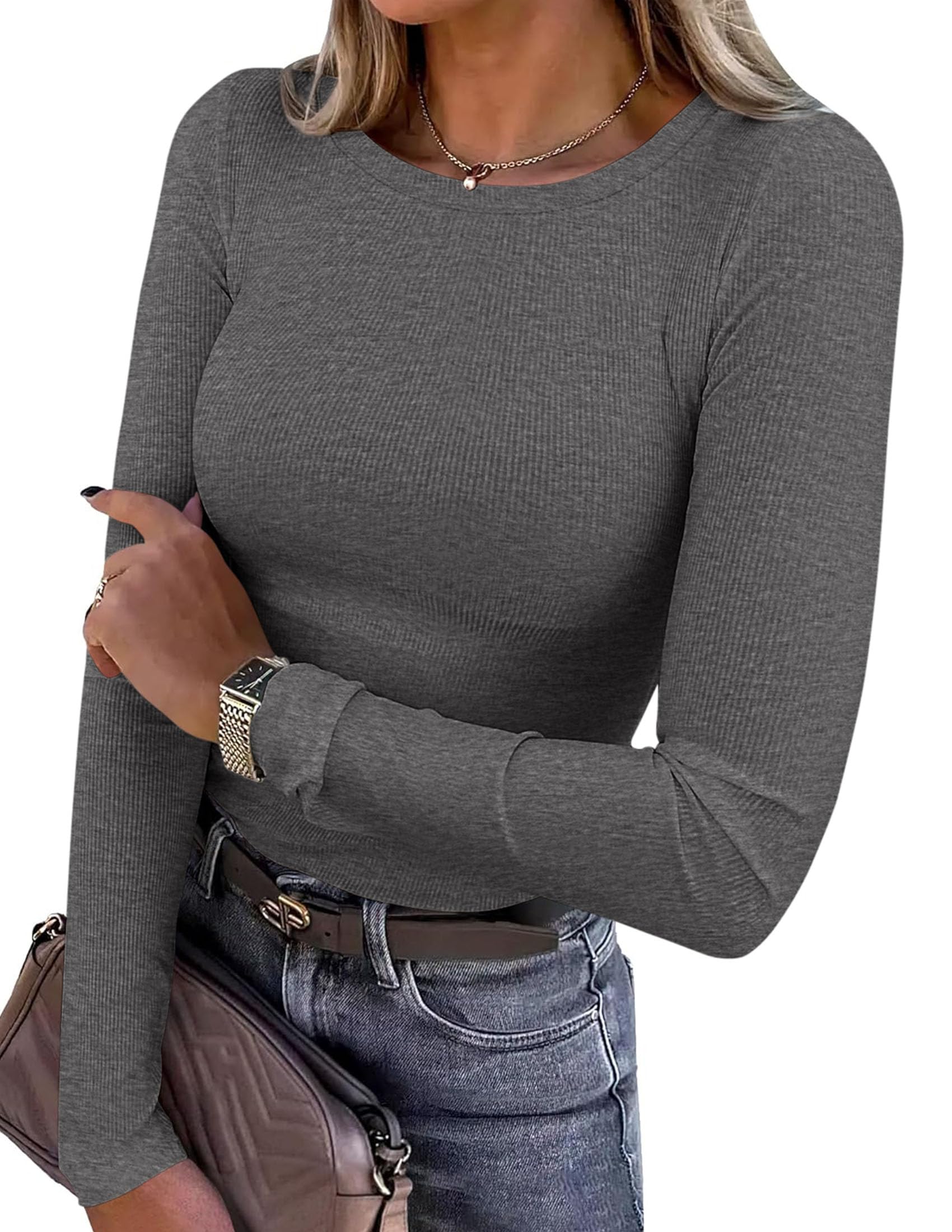 PRETTYGARDEN Women Fall Clothes Long Sleeve Shirts Ribbed Knit Fitted Basic Tee Going Out Tops Underscrub Casual Outfits