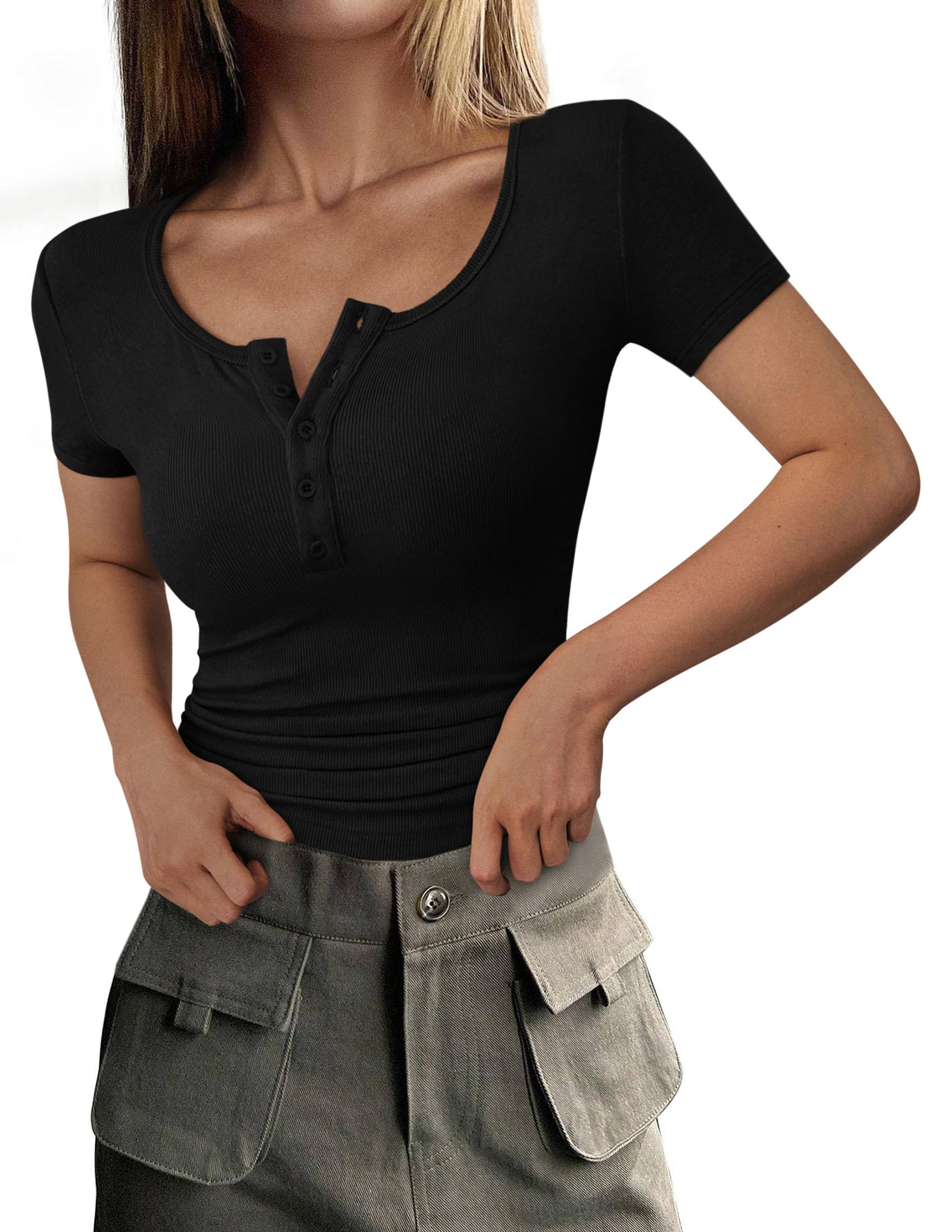 PRETTYGARDEN Women's  Fall Summer Short Sleeve Tops Ribbed Henley Button Slim Fit Basic Casual T Shirts Blouse Clothing