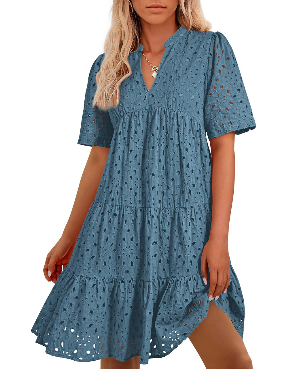 BTFBM Womens Boho Summer Dresses Spring V Neck Short Sleeve Hollow Out Lace Ruffle Casual Beach Mini Vacation Dress