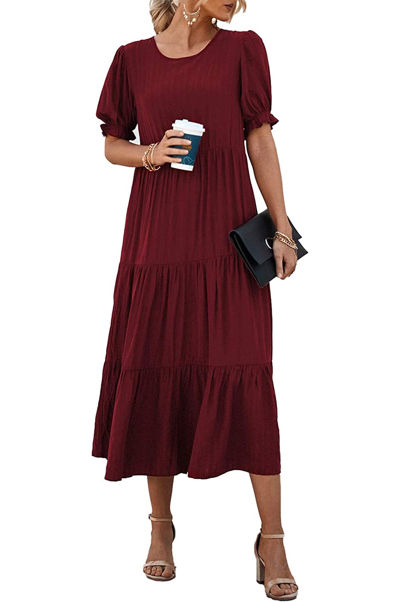 PRETTYGARDEN Summer Dresses for Women Casual Floral Boho Midi Sun Dress Puff Short Sleeve Flowy Beach Vacation Sundress
