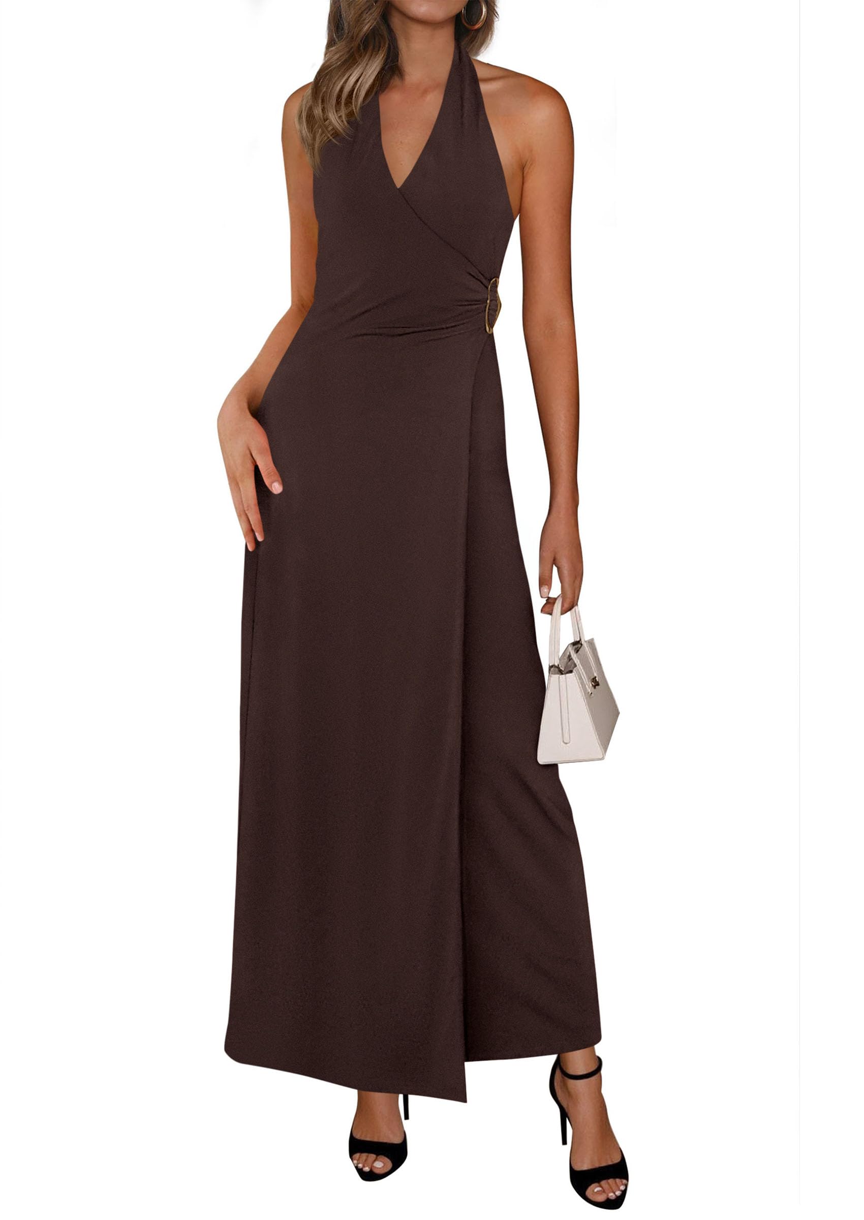 PRETTYGARDEN Holiday Cocktail Dresses for Women Summer Elegant V Neck Halter Backless Wedding Guest Party Midi Dress