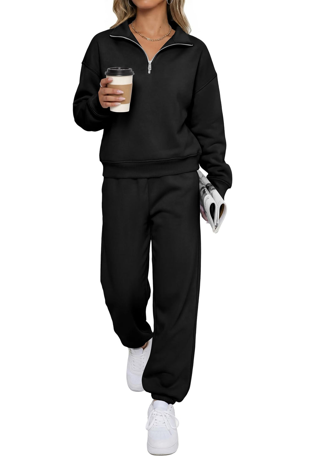 BTFBM Womens 2 Piece Outfits Sweatsuit Fleece Lounge Sets Quarter Zip Pullover Sweatshirt,Baggy Jogger Sweatpants,Fall Fashion Clothing,Airport Travel Matching Sweat Set