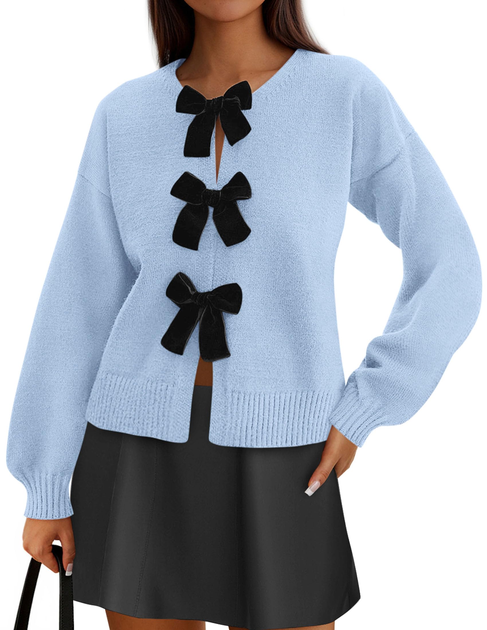 PRETTYGARDEN Cardigan Sweaters for Women Fall Fashion Bow Tie Front Long Sleeve Knit Sweater Tops Cute Winter Clothes