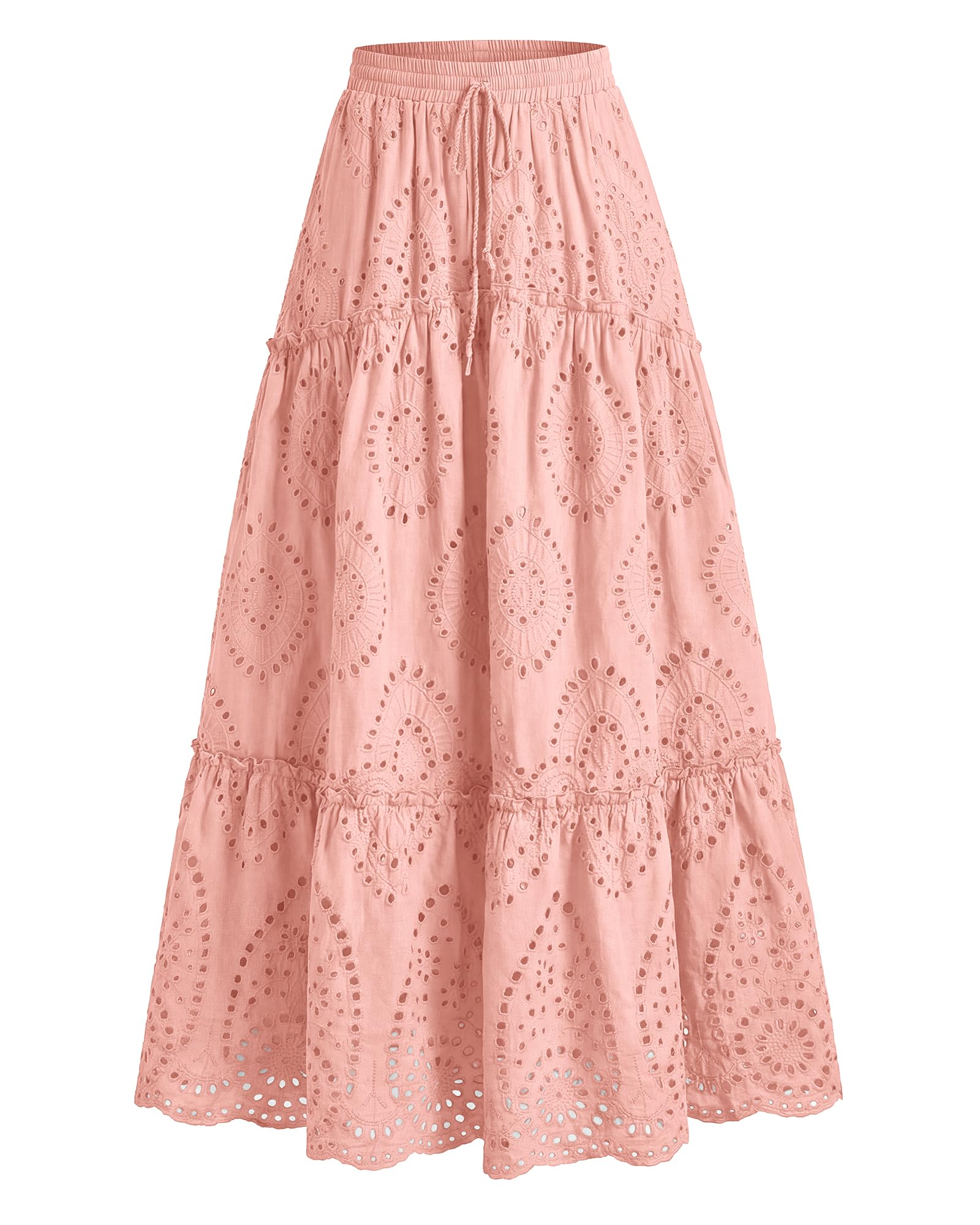 BTFBM Long Skirts for Women Summer Boho Lace Embroidery High Waist Flowy Tiered Spring Maxi Skirt Beach Vacation