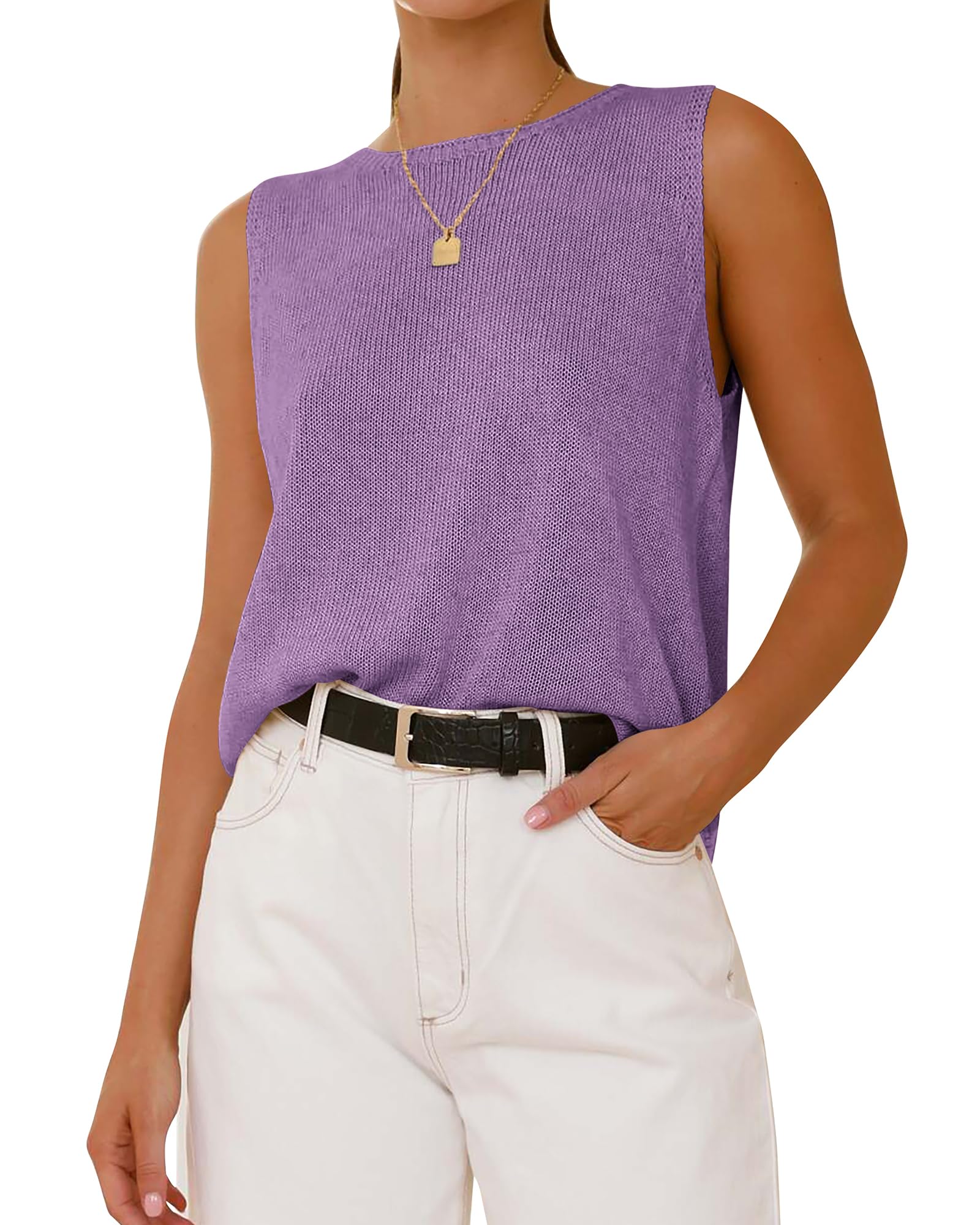 FreshPretty Women's Sleeveless Sweater Vest Summer Crew Neck Ribbed Knit Lightweight Pullover Casual Loose Fit Tank Tops