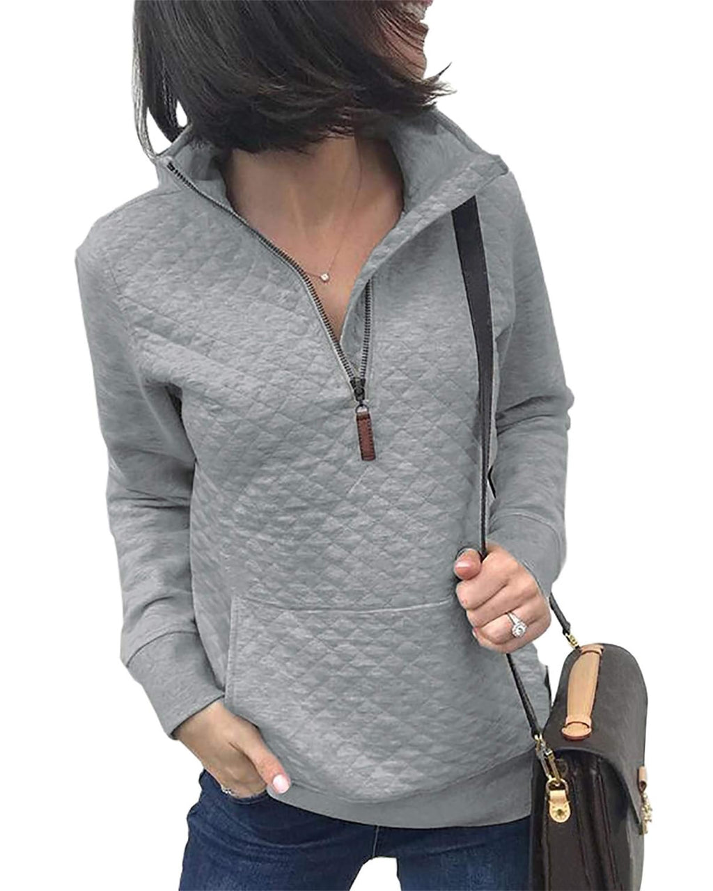 BTFBM Women Fashion Quilted Pattern Lightweight Zipper Long Sleeve Plain Casual Ladies Sweatshirts Pullovers Shirts Tops