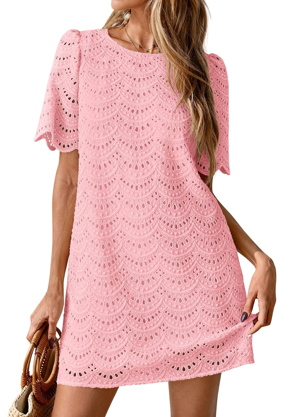 PRETTYGARDEN Women's Summer Casual Short Dresses Embroidered Lace Short Sleeve Boho Mini Dress Beach Vacation Clothes