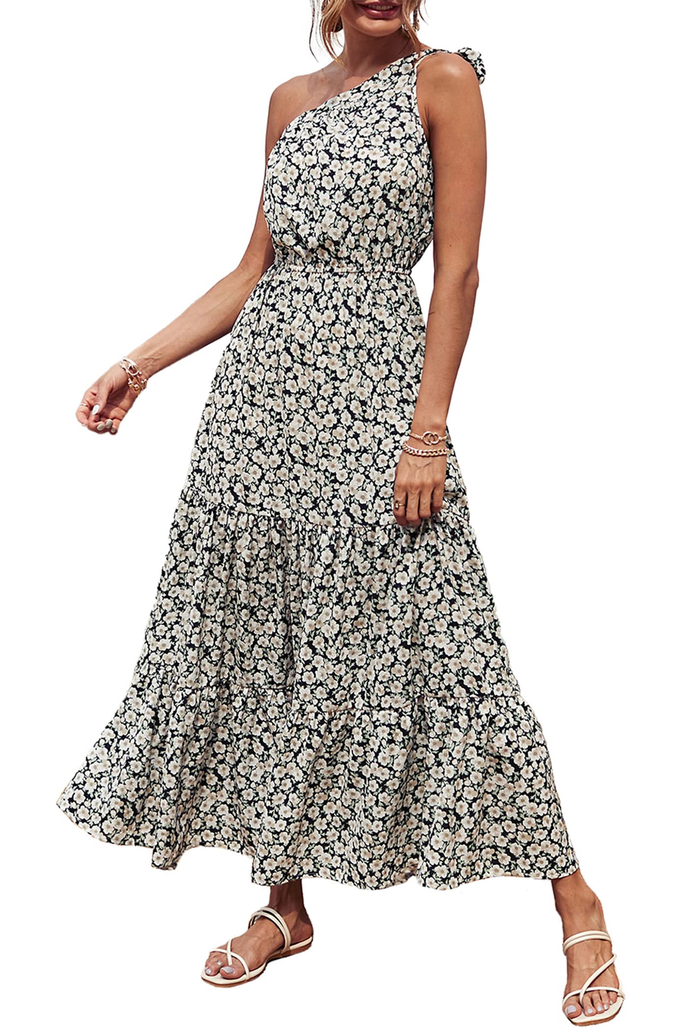 PRETTYGARDEN Women's Summer Floral One Shoulder Maxi Dress Knot Ruffle Boho Beach Vacation Wedding Guest Long Sun Dresses