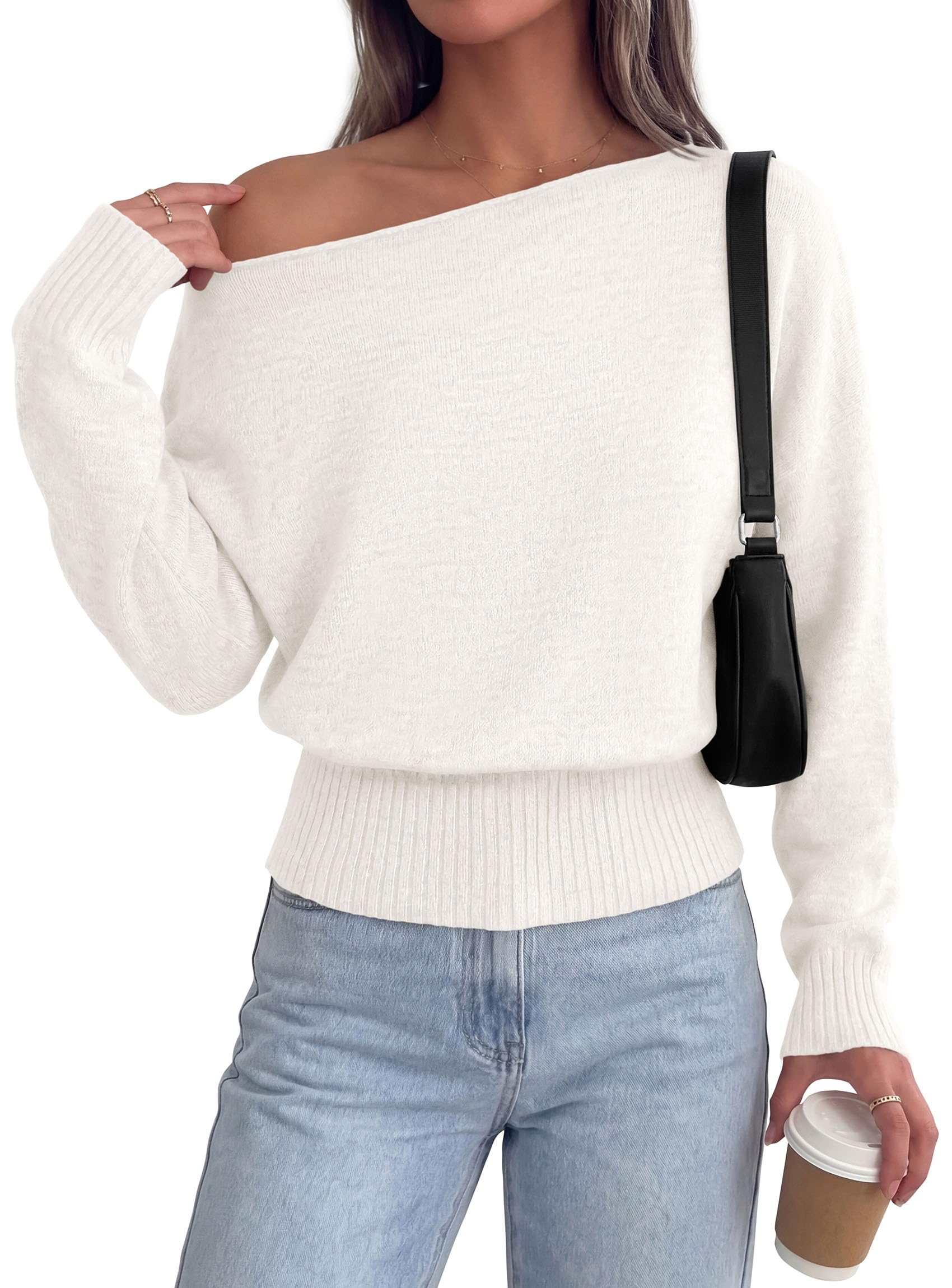 PRETTYGARDEN Womens Off The Shoulder Sweater Fall Fashion Soft Stretchy Knit Fabric, Batwing Long Sleeve Cinched Waist Cropped Sweaters, Date Night Outfit, Asymmetrical Going Out Tops