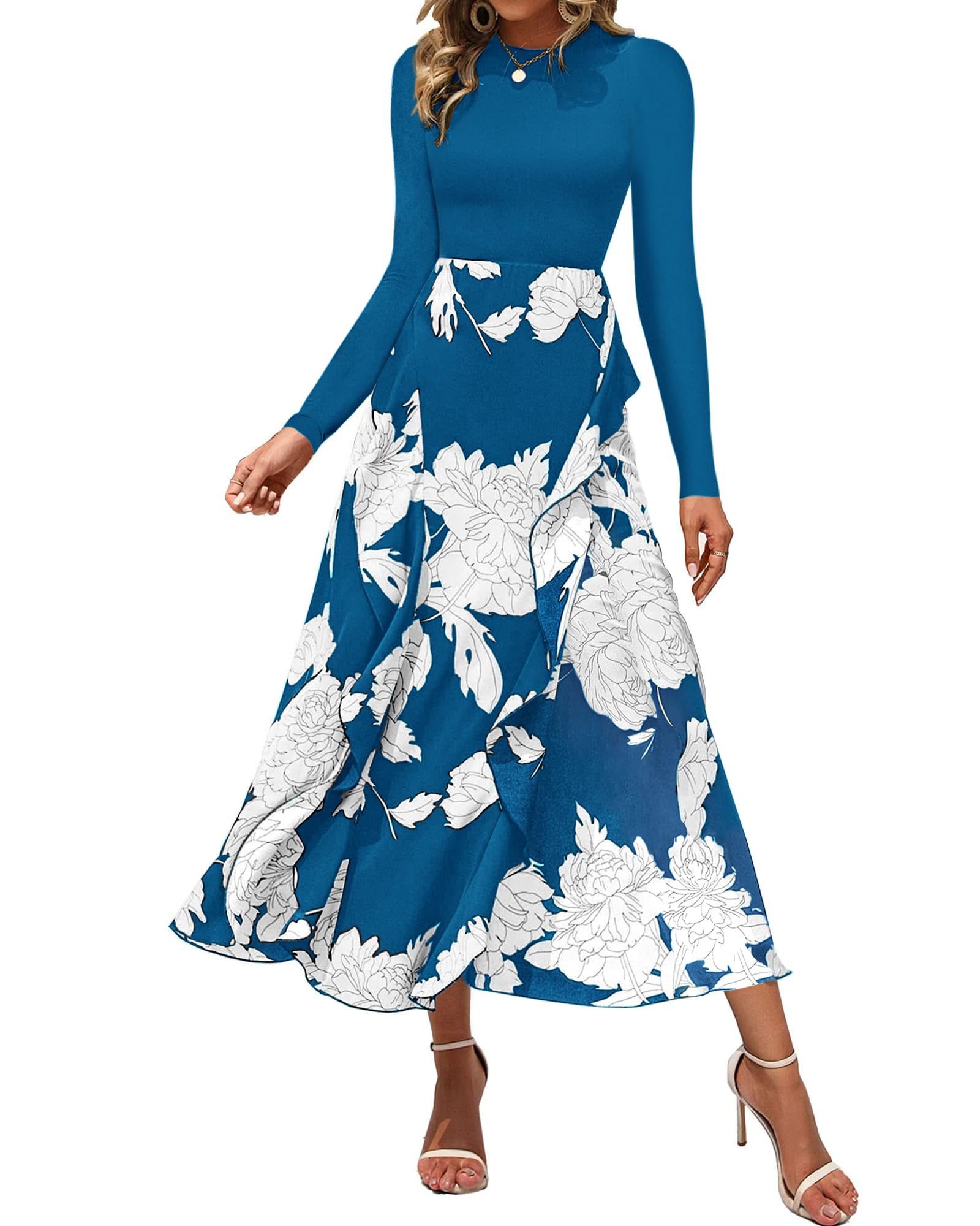 FreshPretty Womens Floral Maxi Dress Fall Casual Crewneck Long Sleeve Ruffle Flowy Cocktail Wedding Guest Dresses