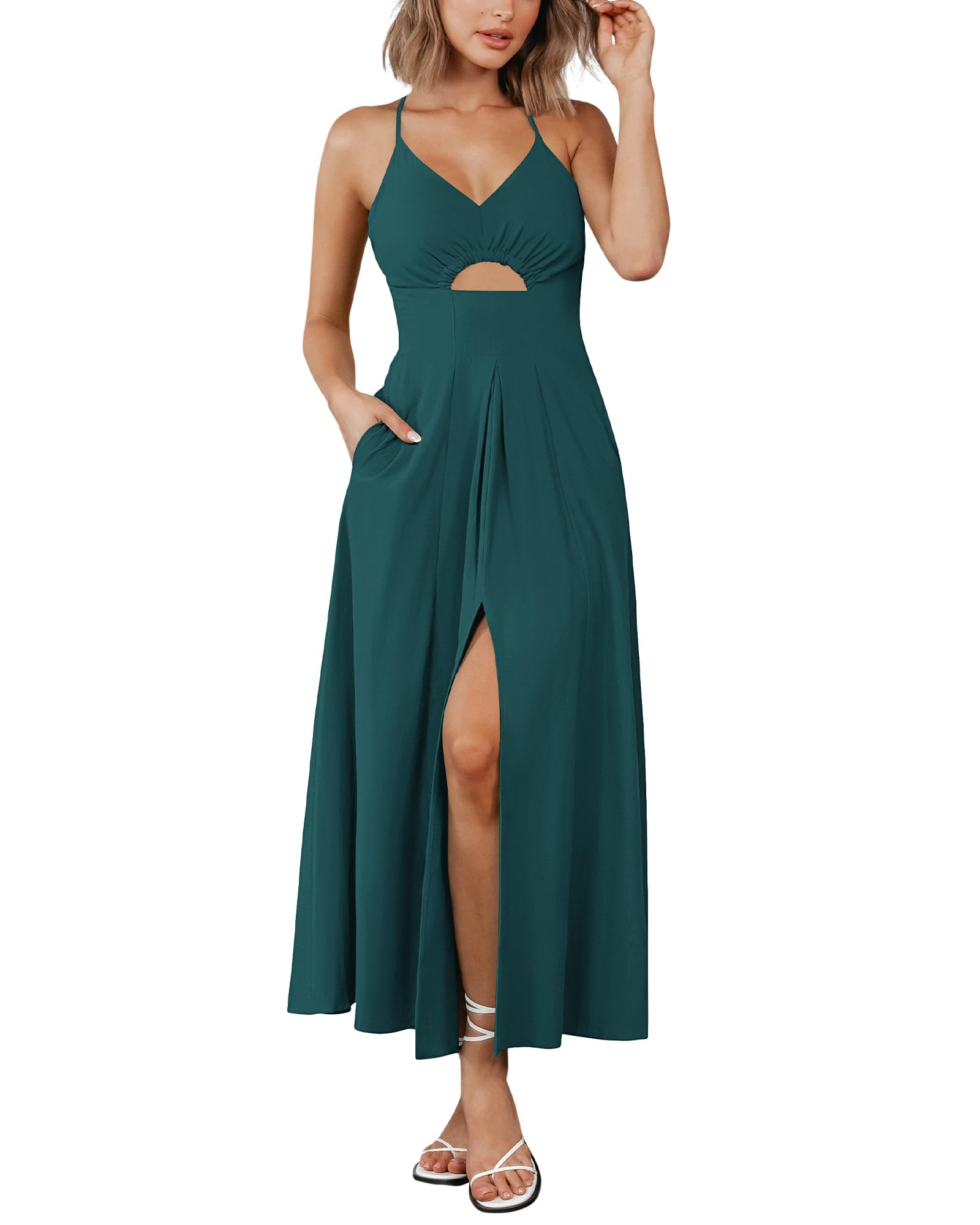 BTFBM Women Spaghetti Strap Midi Summer Dresses Sleeveless V Neck Cutout Slit Casual Beach Party Maxi Dress Pockets