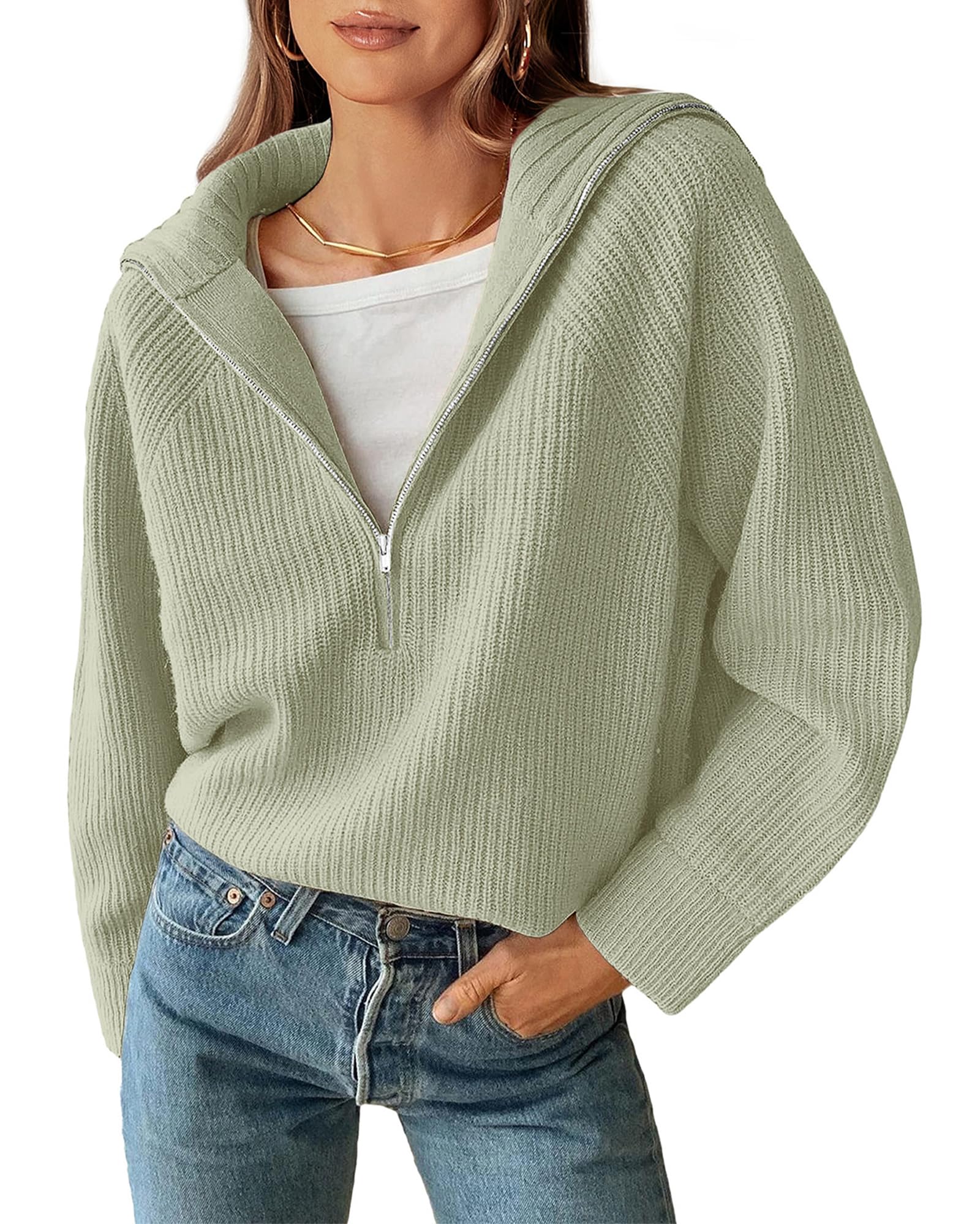 FreshPretty Womens Sweaters Quarter Zip Pullover V Neck Collar Long Sleeve Ribbed Knit Loose Casual Winter Fall Sweater