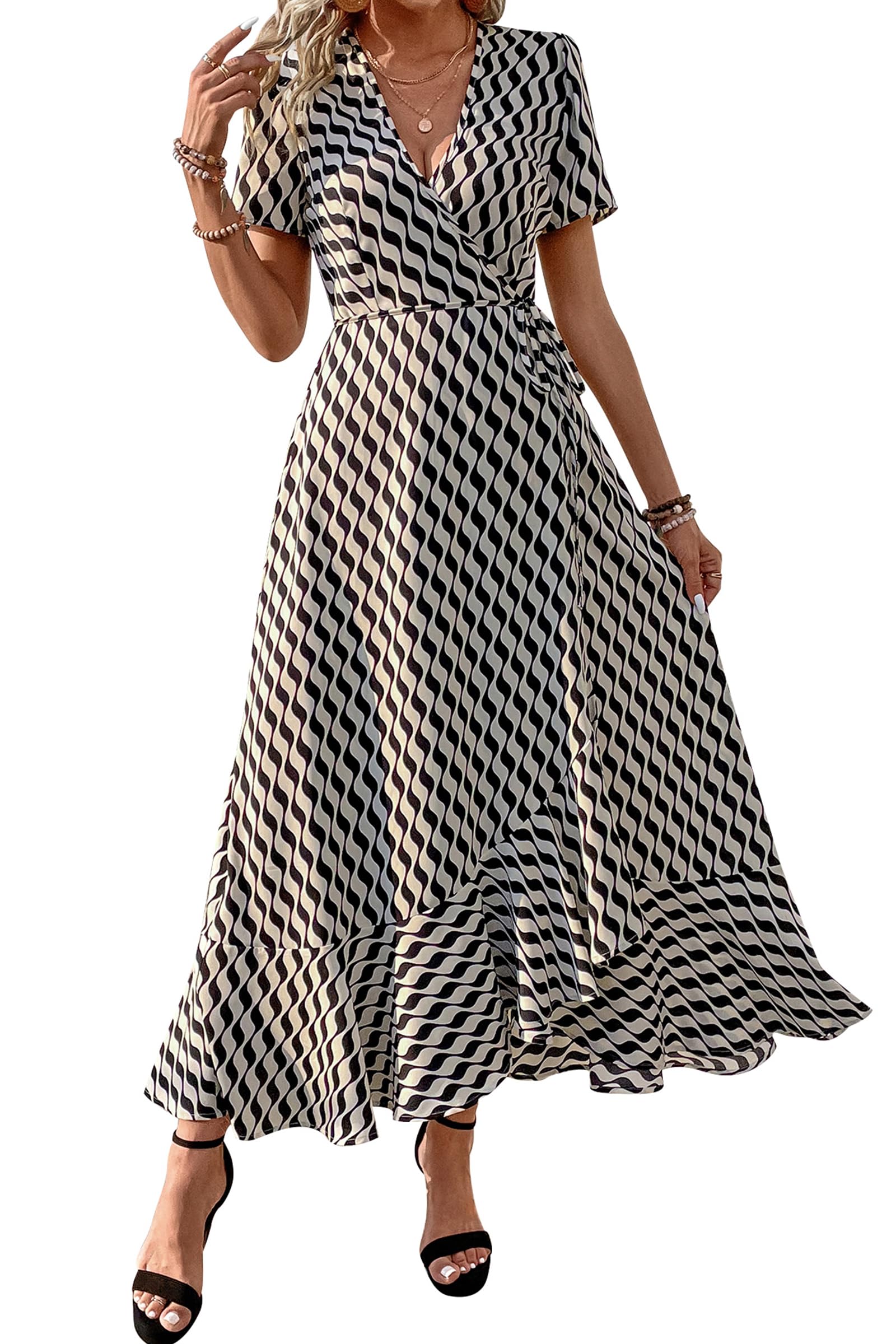 PRETTYGARDEN Women's Summer Maxi Dress Casual Wrap Floral Boho Short Sleeve V Neck Split Ruffle Beach Long Dresses