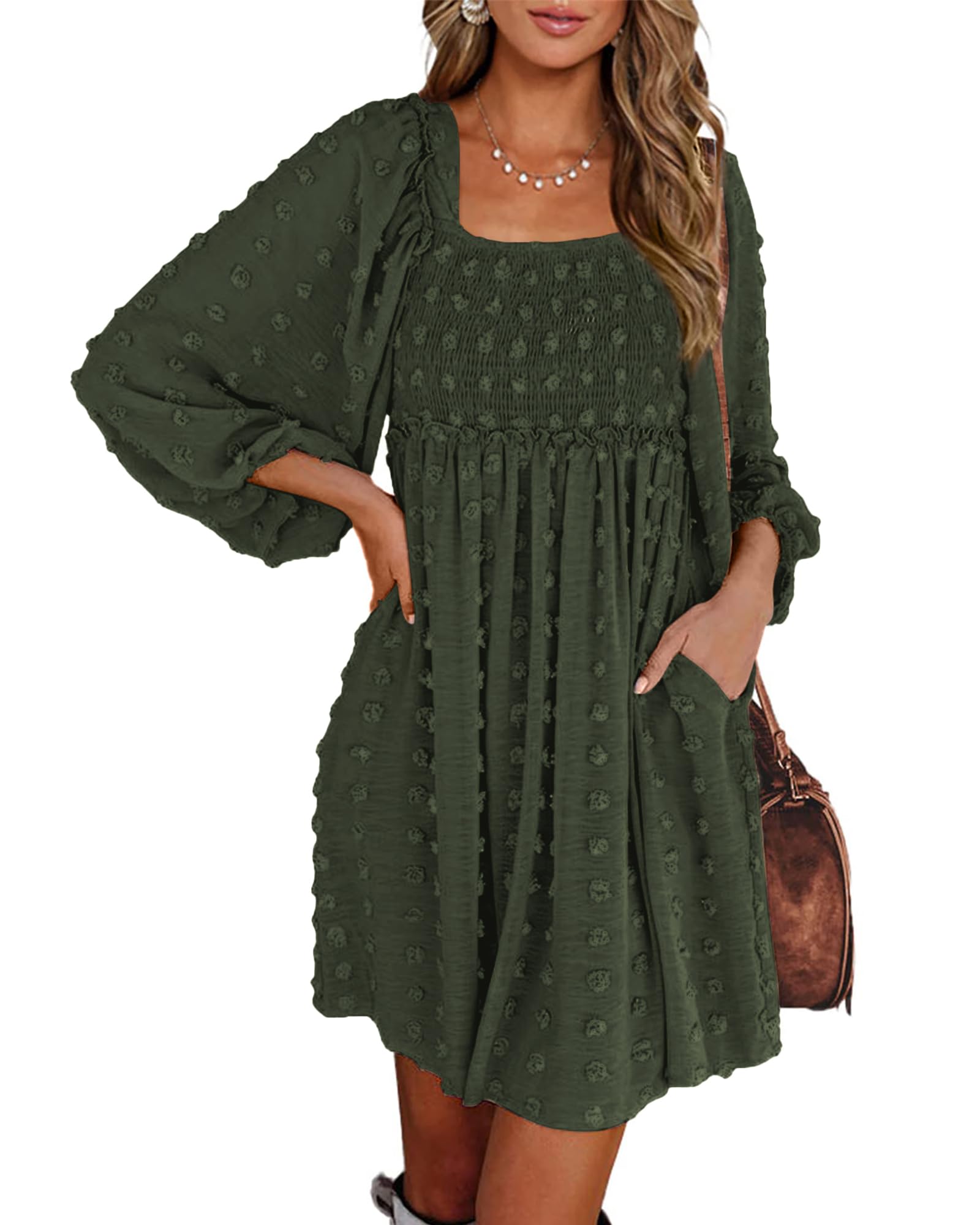 BTFBM Womens Long Sleeve Dress Summer Vacation Square Neck Smocked Floral Mini Boho Spring Wedding Guest Dresses