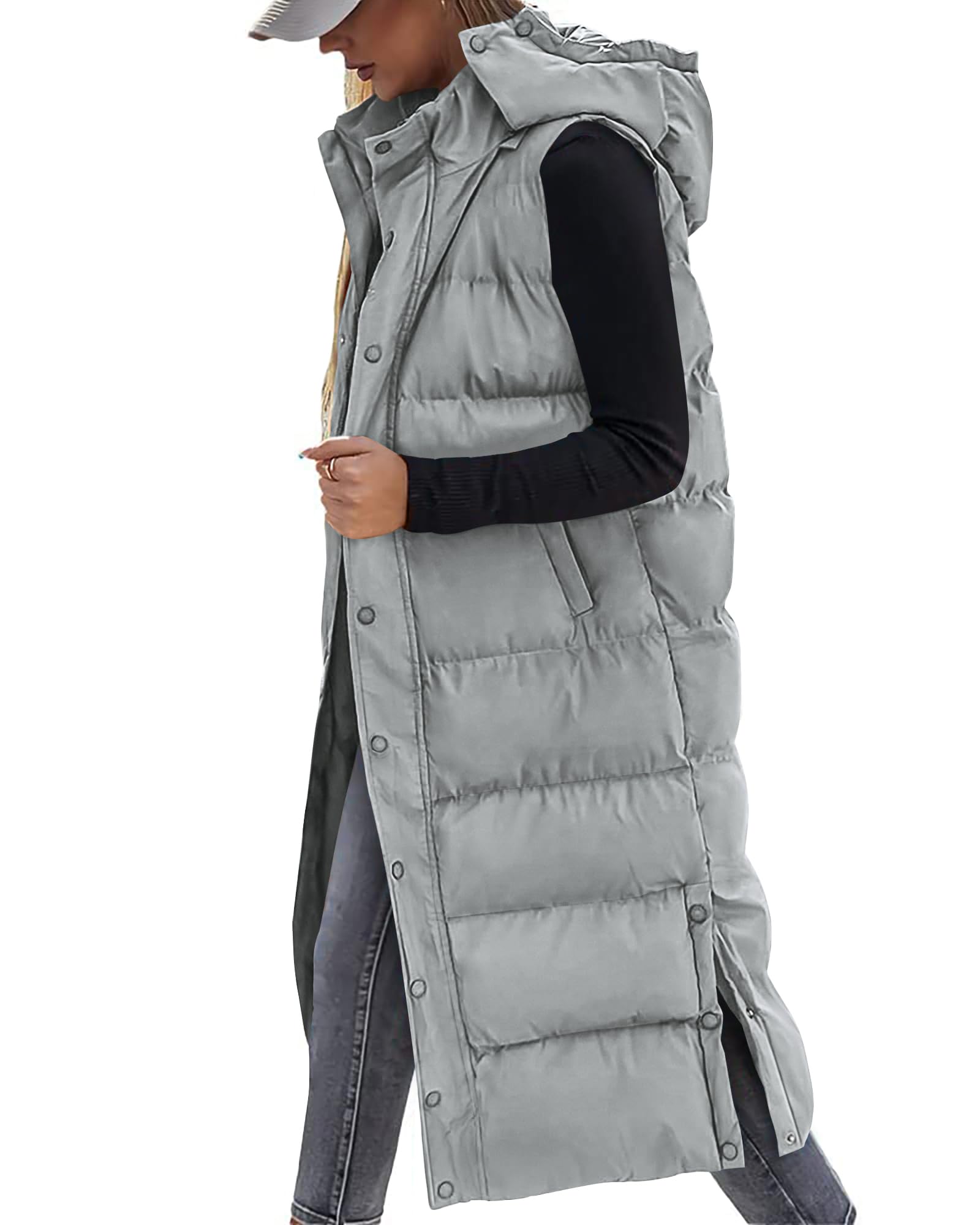 BTFBM Long Puffer Vest Women Quilted Hooded Button Down Zip Up Sleeveless Vests Outerwear Padded Jacket Fall Winter Coat